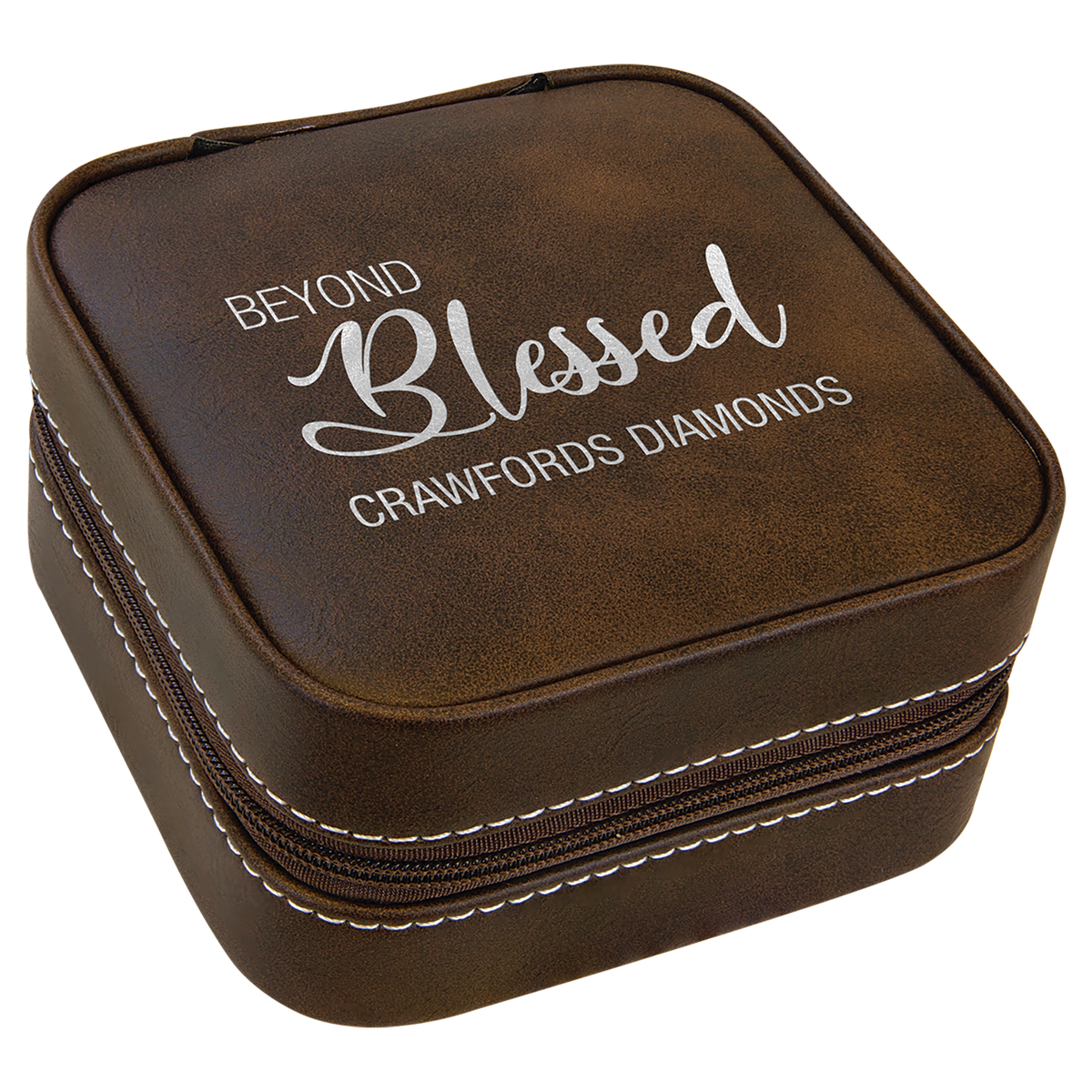 Brown laserable leatherette 4x4 travel jewelry box with white stitching and "Beyond Blessed" engraving.