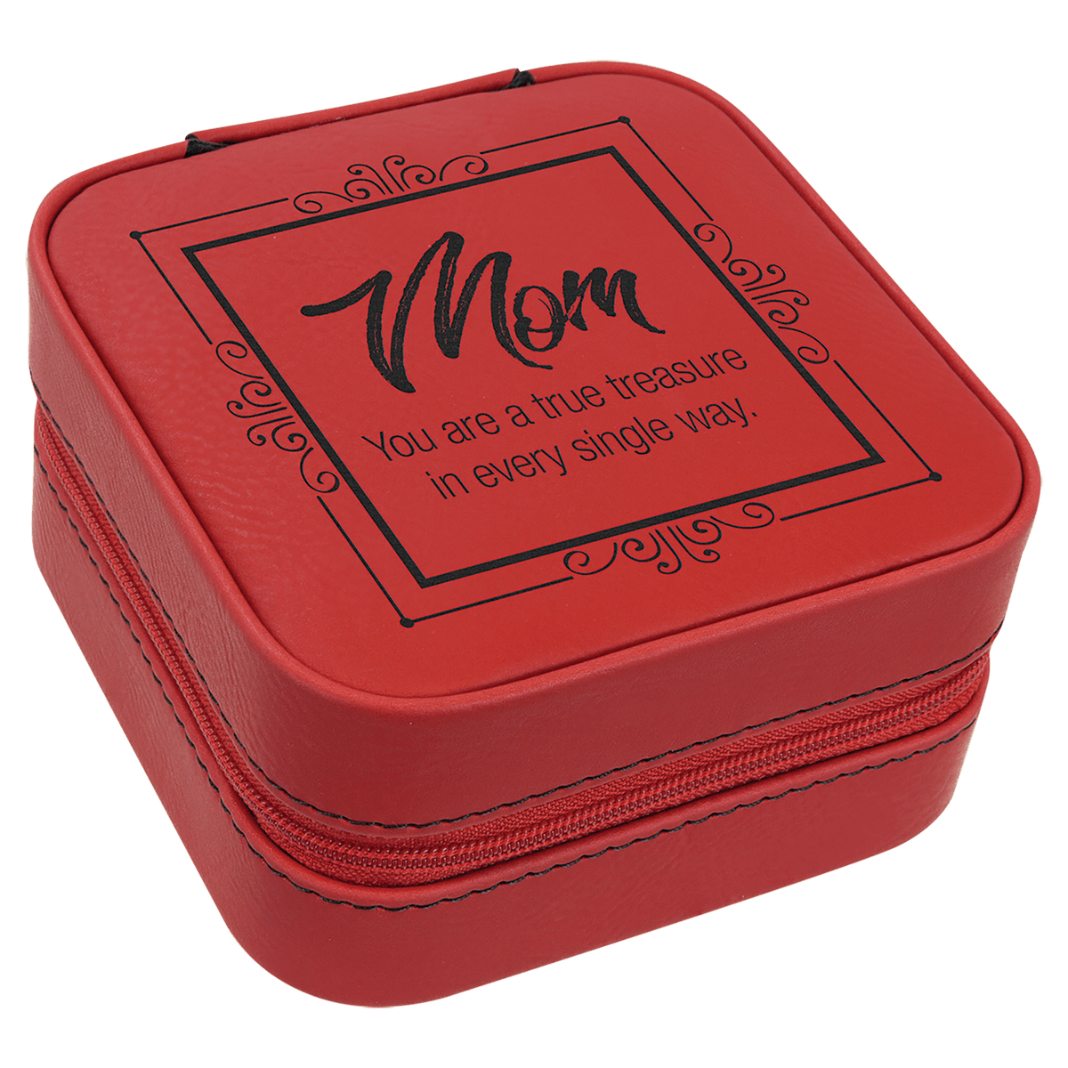 Red 4x4 laserable leatherette travel jewelry box with "Mom" and "You are a true treasure" engraving.