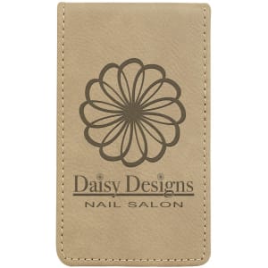 Tan laserable leatherette manicure gift set case with "Daisy Designs Nail Salon" logo.