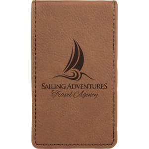 Brown leatherette manicure gift set case with "Sailing Adventures Travel Agency" logo.