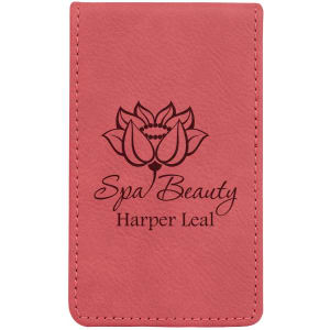 Coral laserable leatherette manicure set with a black lotus and "Spa Beauty Harper Leal" engraving.