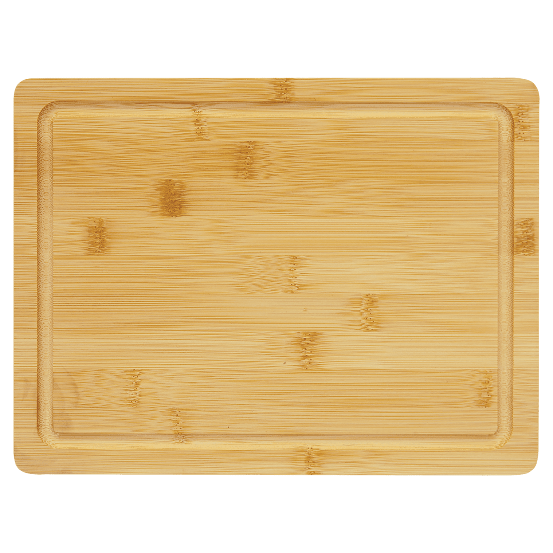 Light brown bamboo cutting board with a rectangular drip ring.