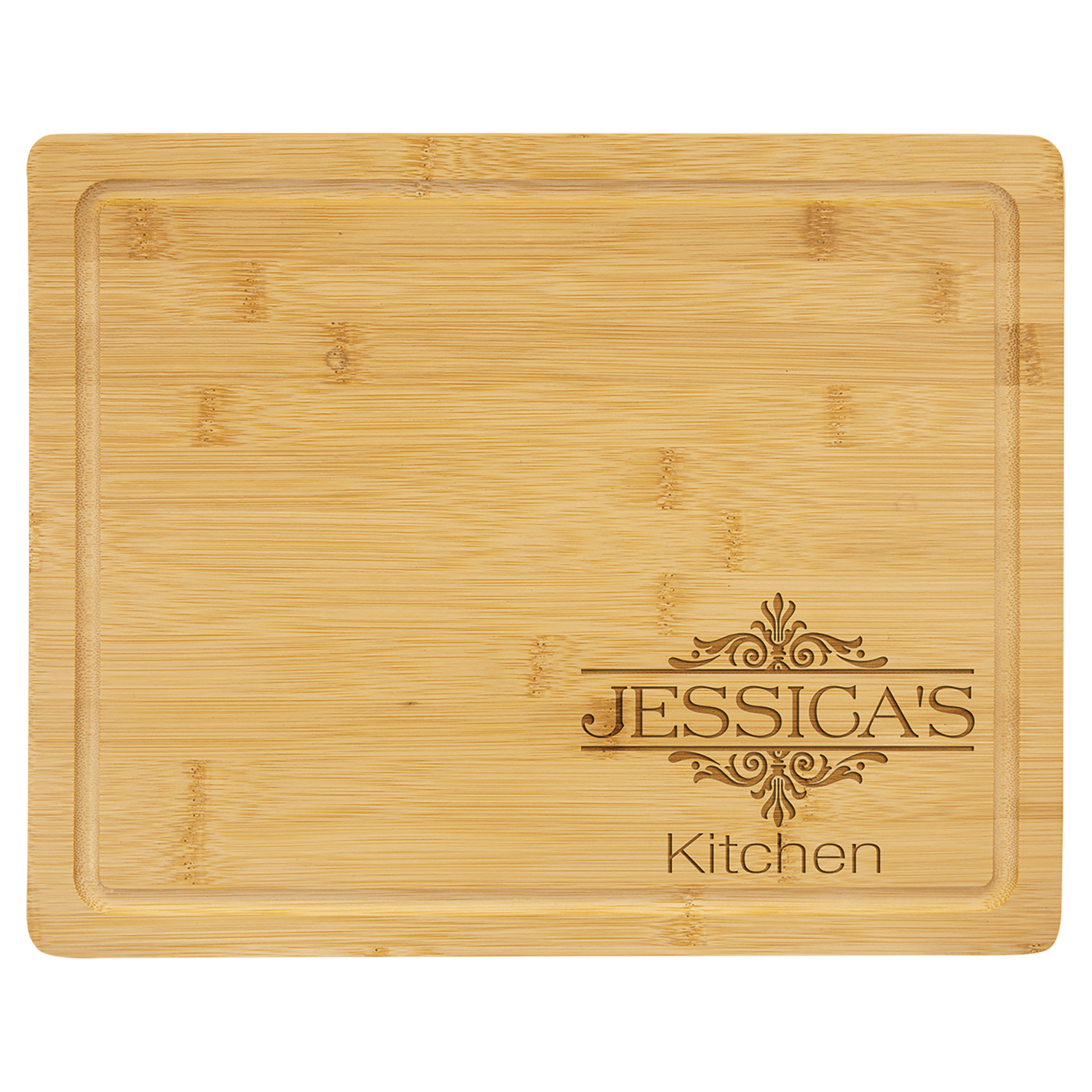 Light bamboo cutting board with a drip ring and "Jessica's Kitchen" engraved with decorative flourishes.