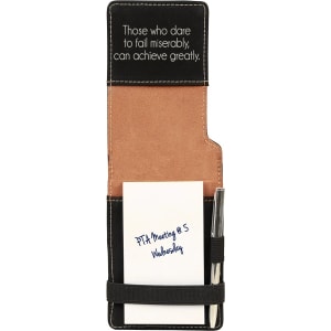 Black and tan laserable leatherette mini notepad, 3 1/4" x 4 3/4", with pen and quote.