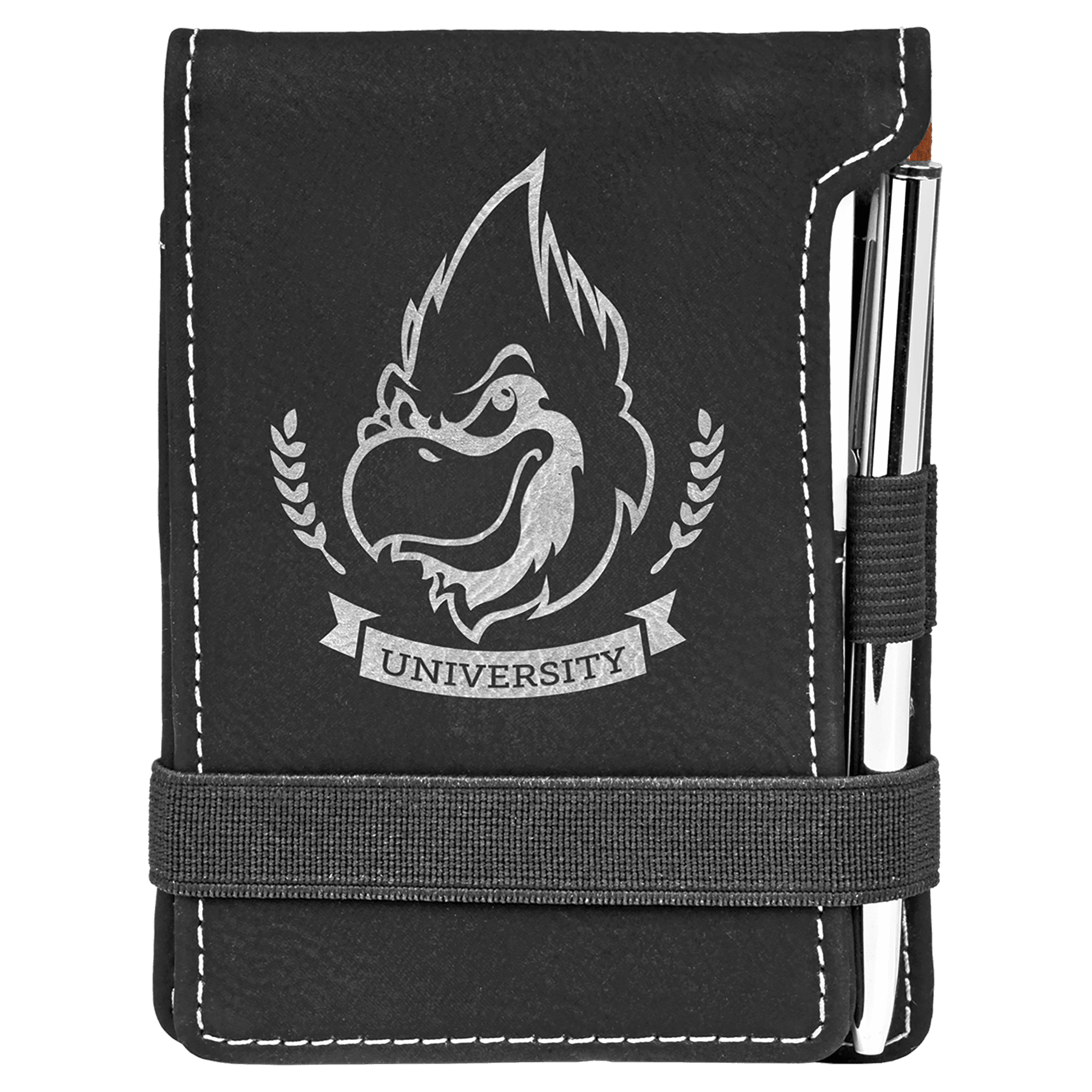 Black laserable leatherette mini notepad with silver university logo, white stitching, pen, and elastic closure.