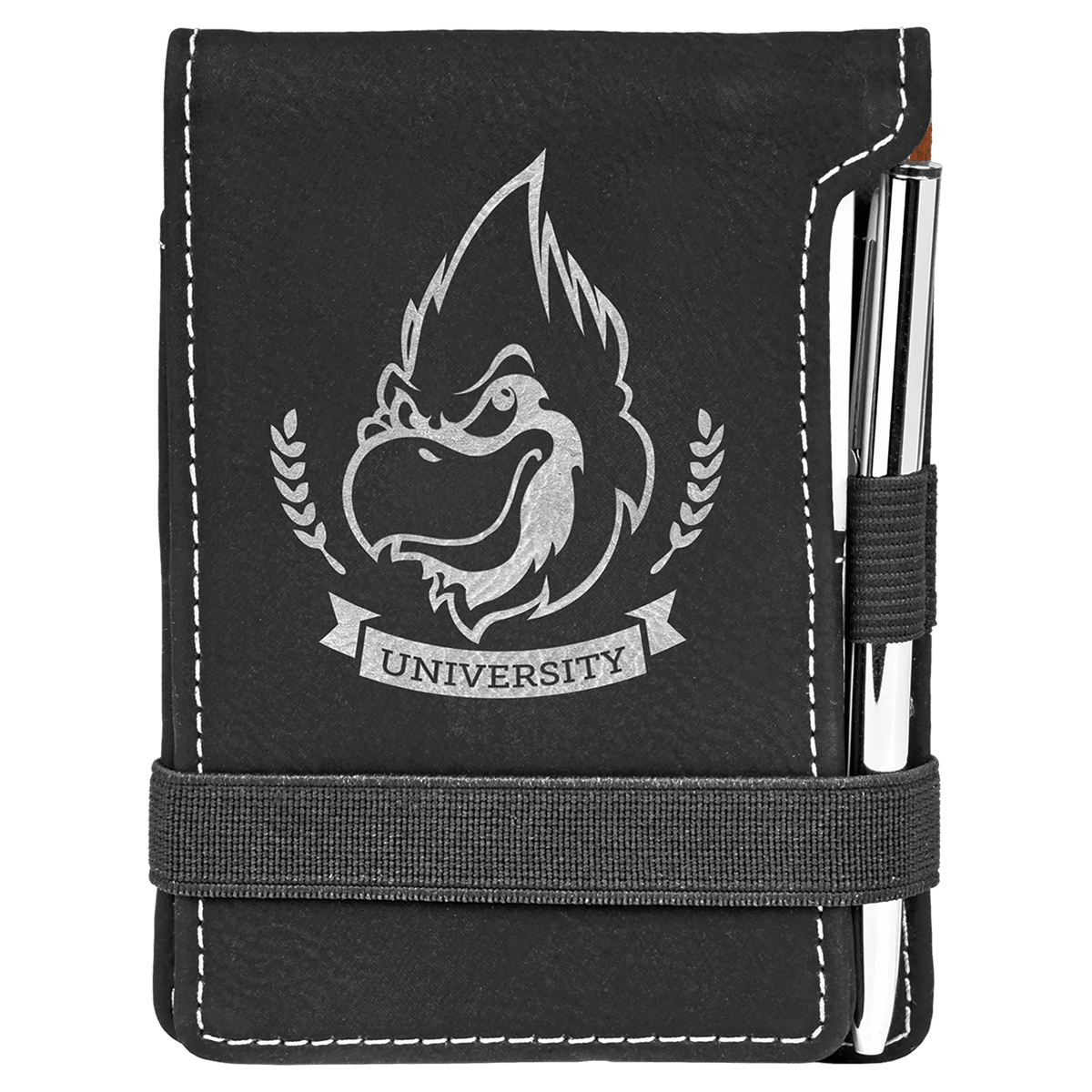 Black laserable leatherette mini notepad with silver university logo, white stitching, pen, and elastic closure.