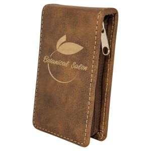Brown laserable leatherette manicure gift set case with a gold "Botanical Salon" logo and zipper.