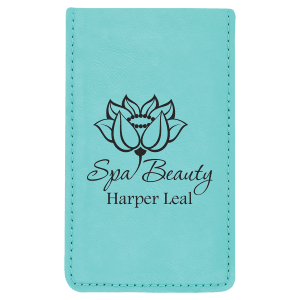 Teal laserable leatherette manicure gift set case with "Spa Beauty Harper Leal" and lotus flower design.