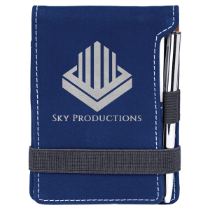 Blue laserable leatherette mini notepad with "SKY PRODUCTIONS" logo, white stitching, pen, and elastic band.