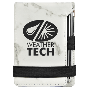 White marble-patterned leatherette mini notepad with black WeatherTech logo, pen, and elastic band.