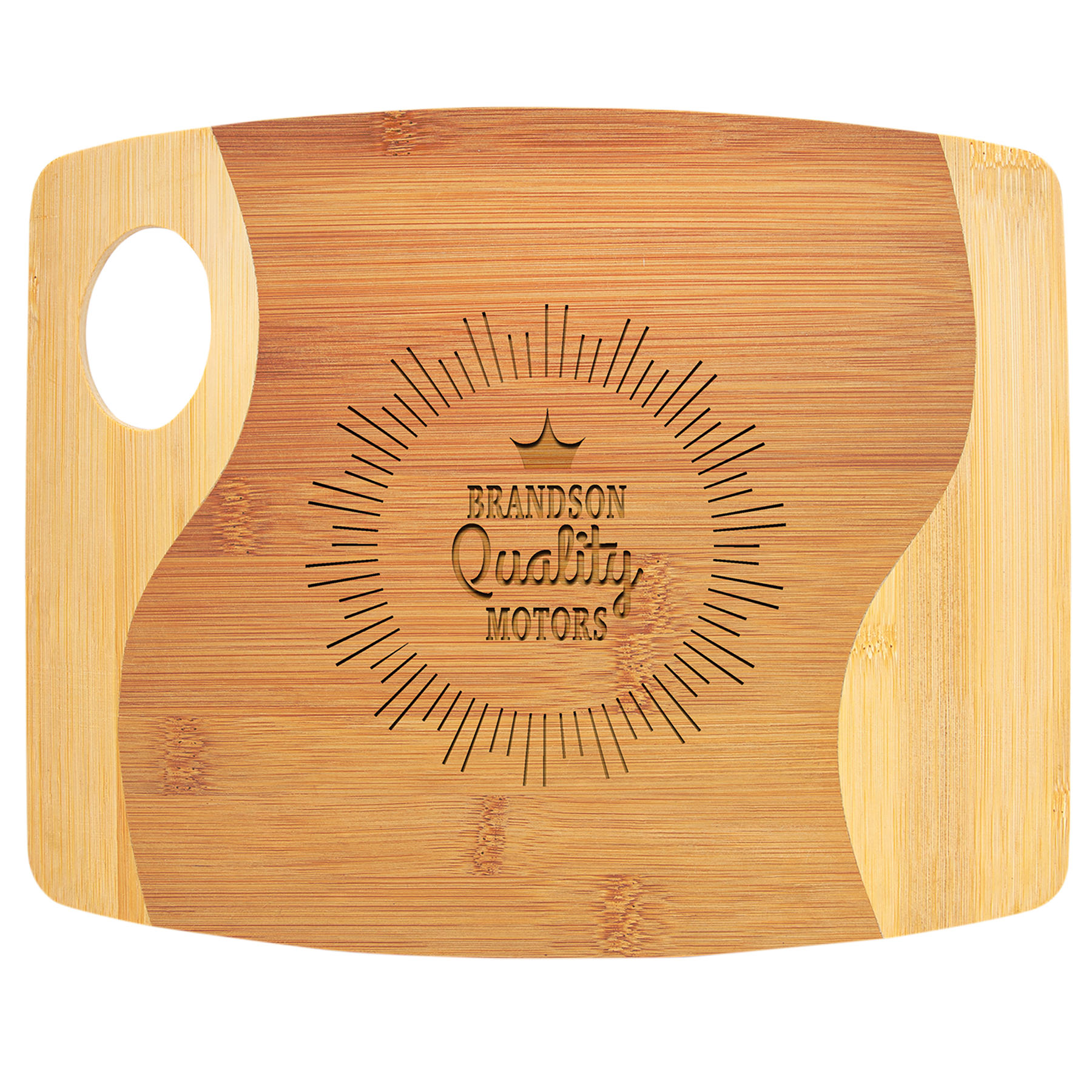 Two-tone bamboo cutting board with a handle cutout and "Brandson Quality Motors" laser engraving.