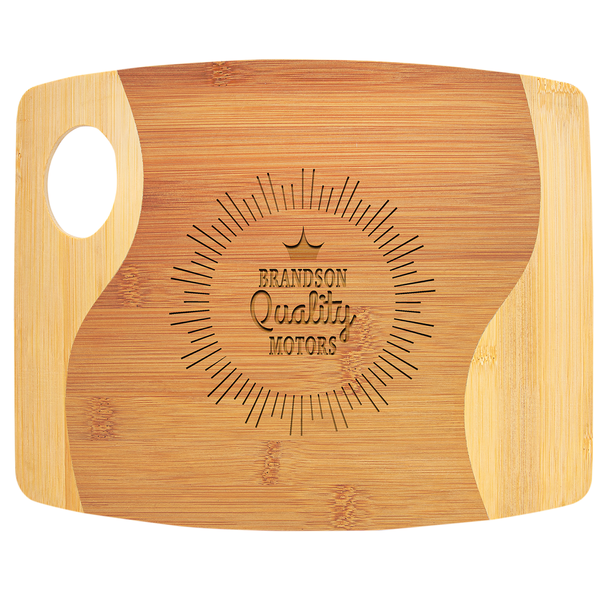 Two-tone bamboo cutting board with a handle cutout and "Brandson Quality Motors" laser engraving.