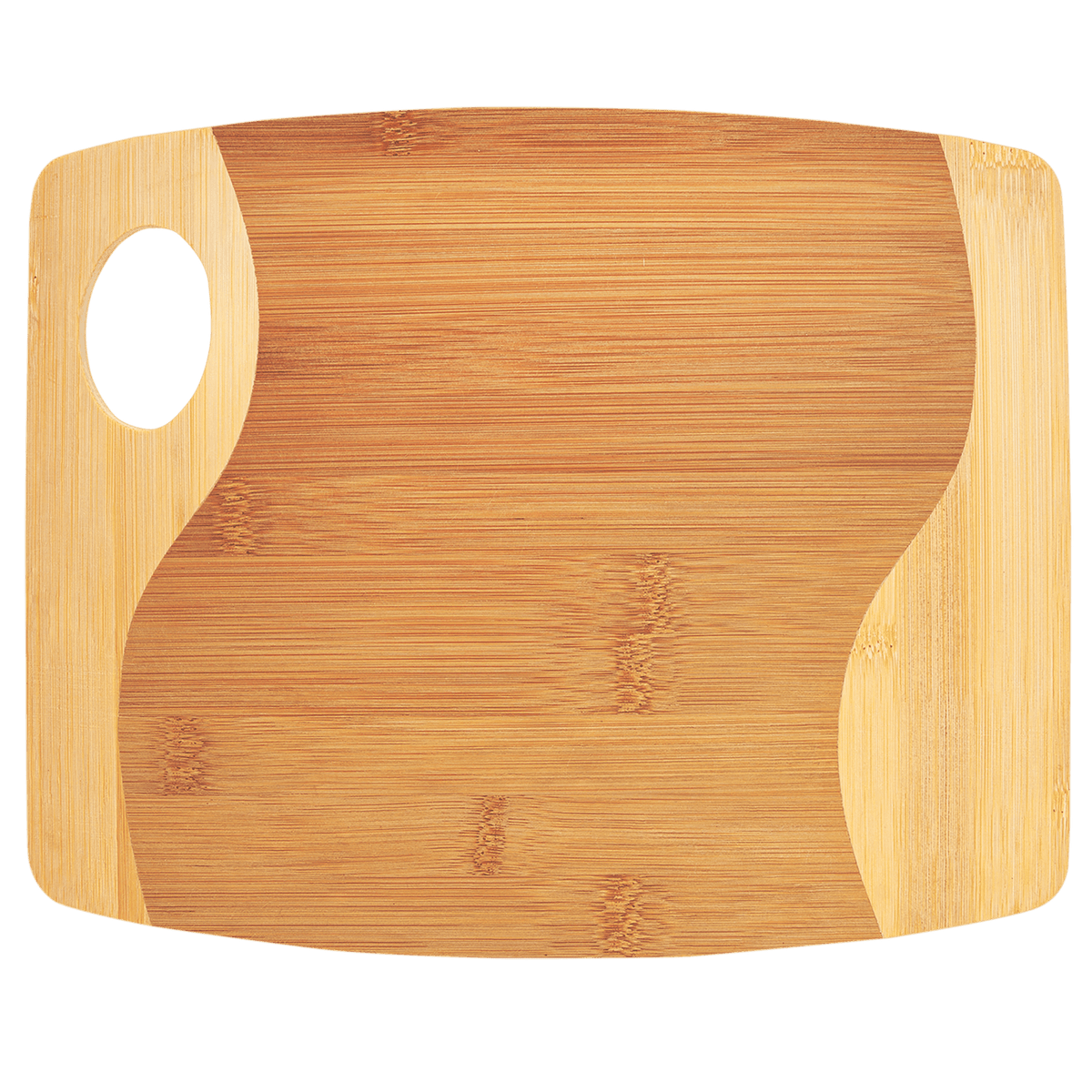 Two-tone bamboo cutting board with a curved design and a circular handle cutout.