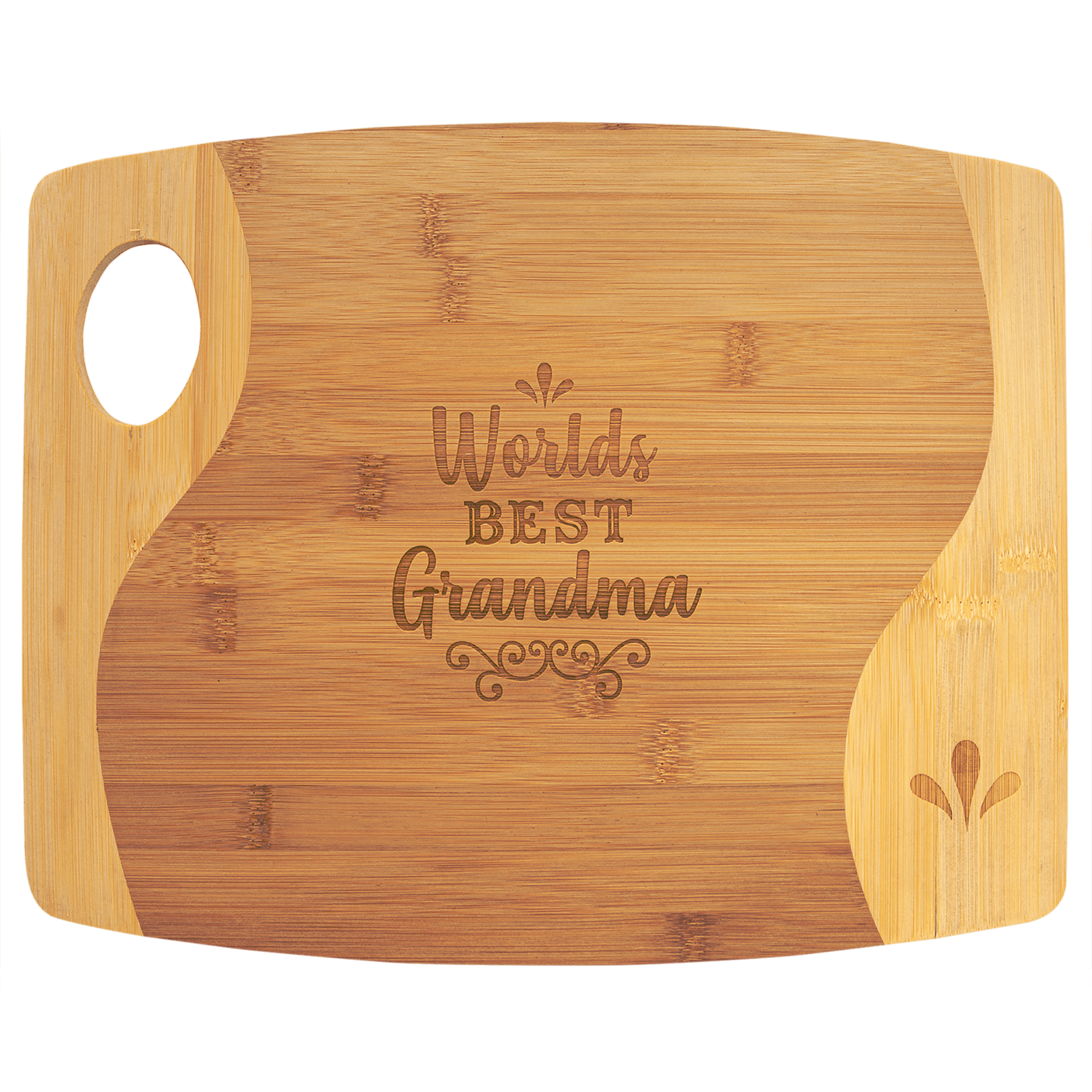 Two-tone bamboo cutting board with handle, laser engraved "Worlds Best Grandma" in the center.
