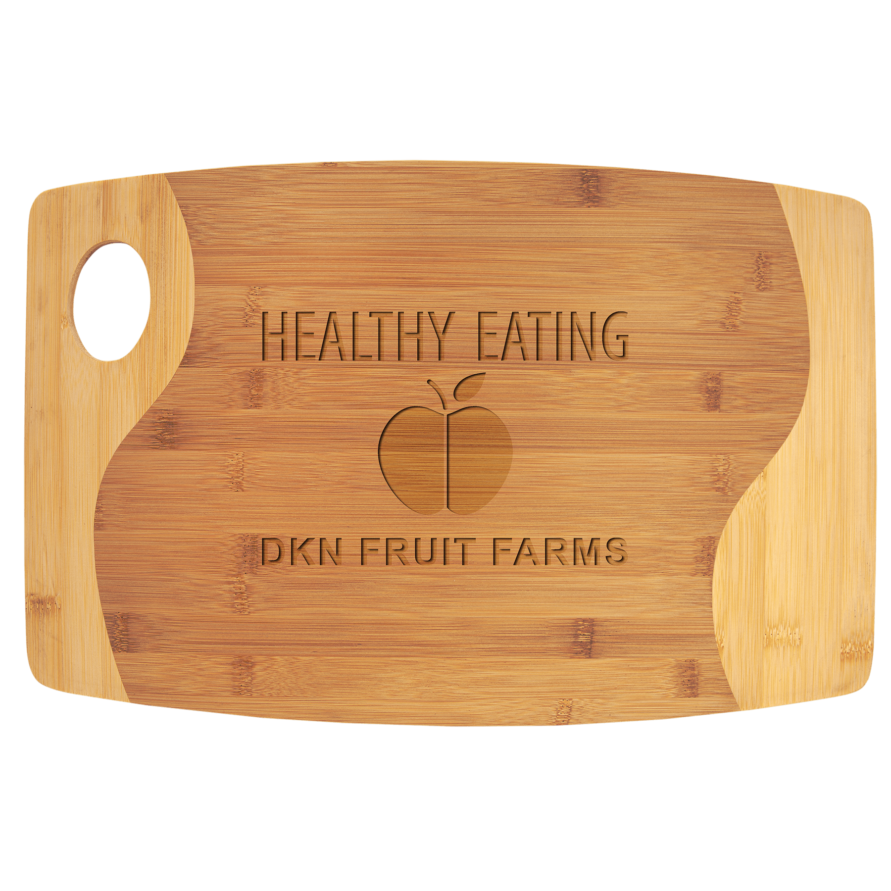 Two-tone bamboo cutting board with a handle, engraved with "HEALTHY EATING" and "DKN FRUIT FARMS" around an apple logo.