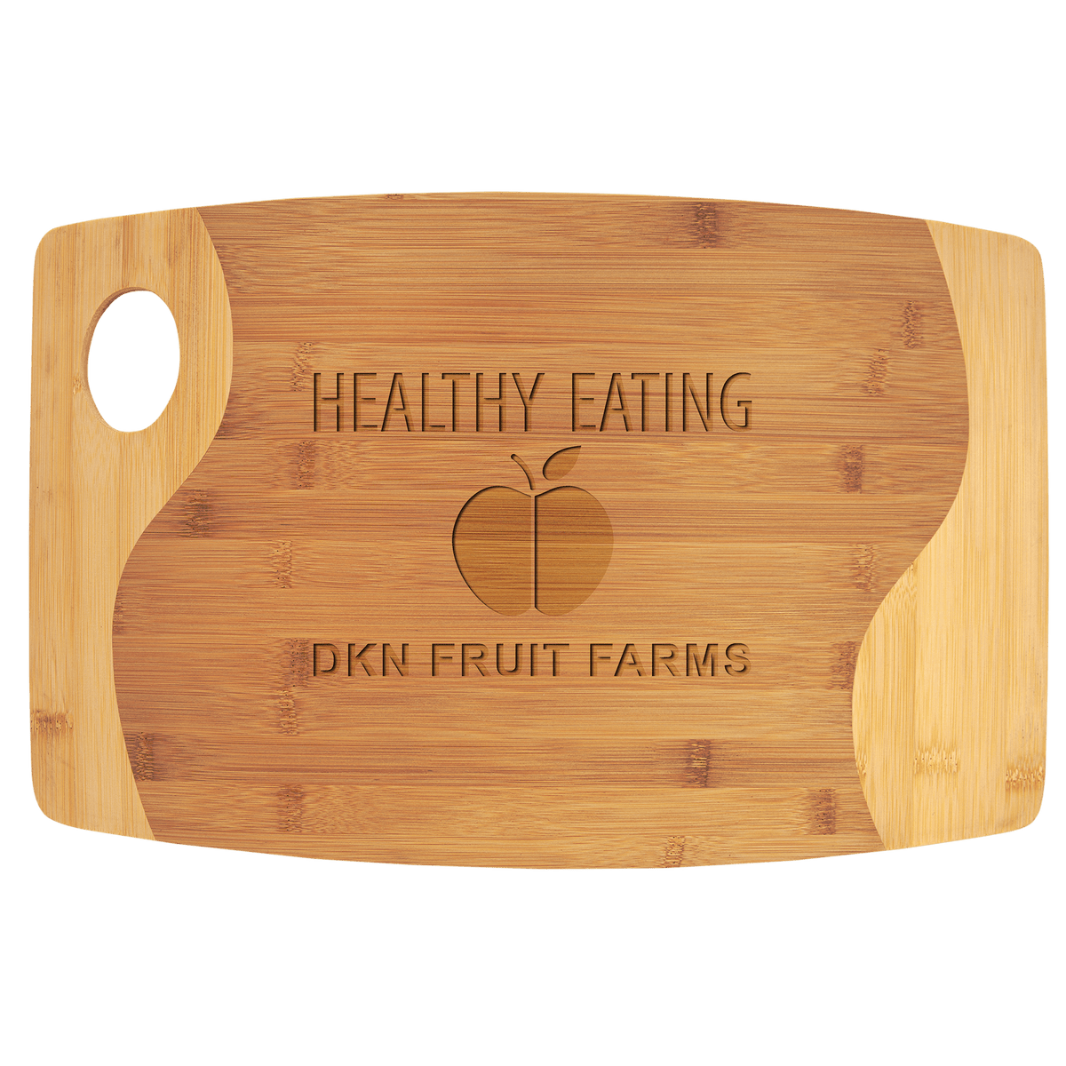 Two-tone bamboo cutting board with a handle, engraved with "HEALTHY EATING" and "DKN FRUIT FARMS" around an apple logo.
