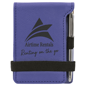 Purple laserable leatherette mini notepad with pen, black elastic band, and "Airtime Rentals" logo.