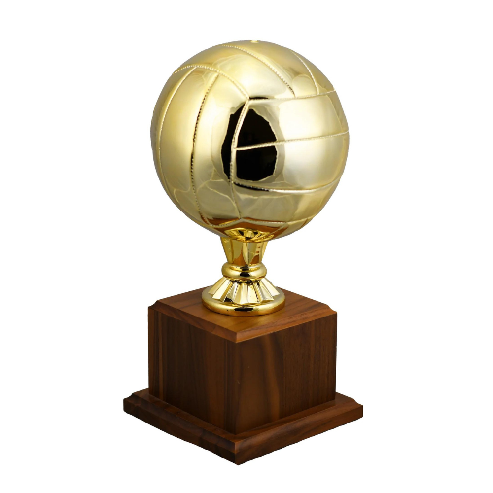 Shiny gold volleyball replica award on a dark walnut base with an engraving plate.