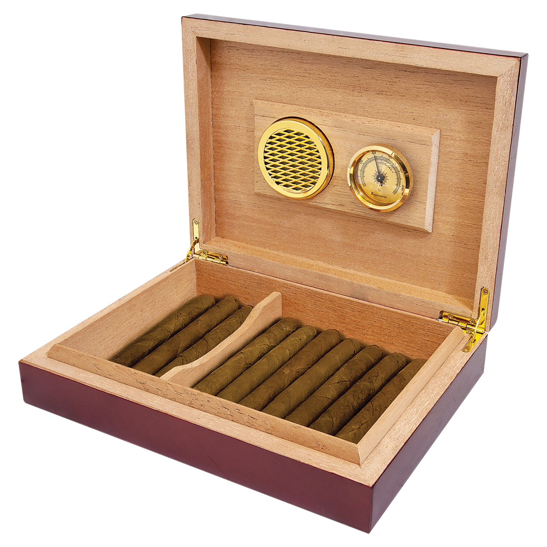 Rosewood piano finish humidor with Spanish Cedar interior, gold hinges, hygrometer, humidifier, and cigars.