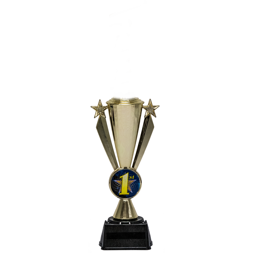 Gold V-shaped trophy cup with star handles, a "1st" insert, and a black glossy base.
