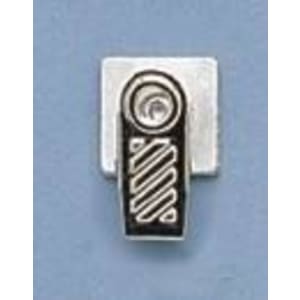 Silver bulldog clip attachment for name badges, featuring a textured black and silver design.