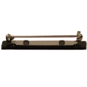 Black plastic bar with a silver safety pin attachment for name badges.