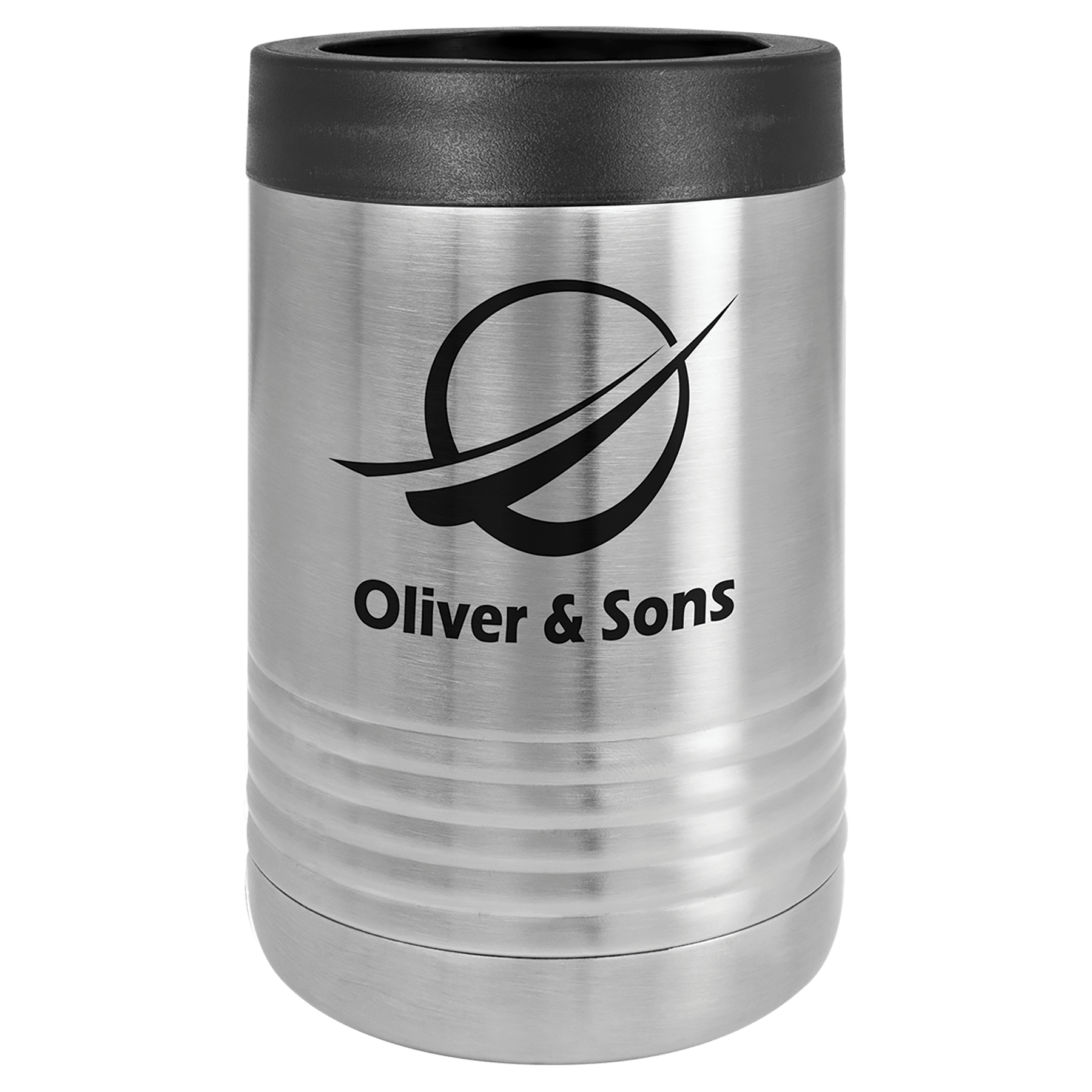 Silver Polar Camel stainless steel beverage holder with black rubber top and "Oliver & Sons" logo.