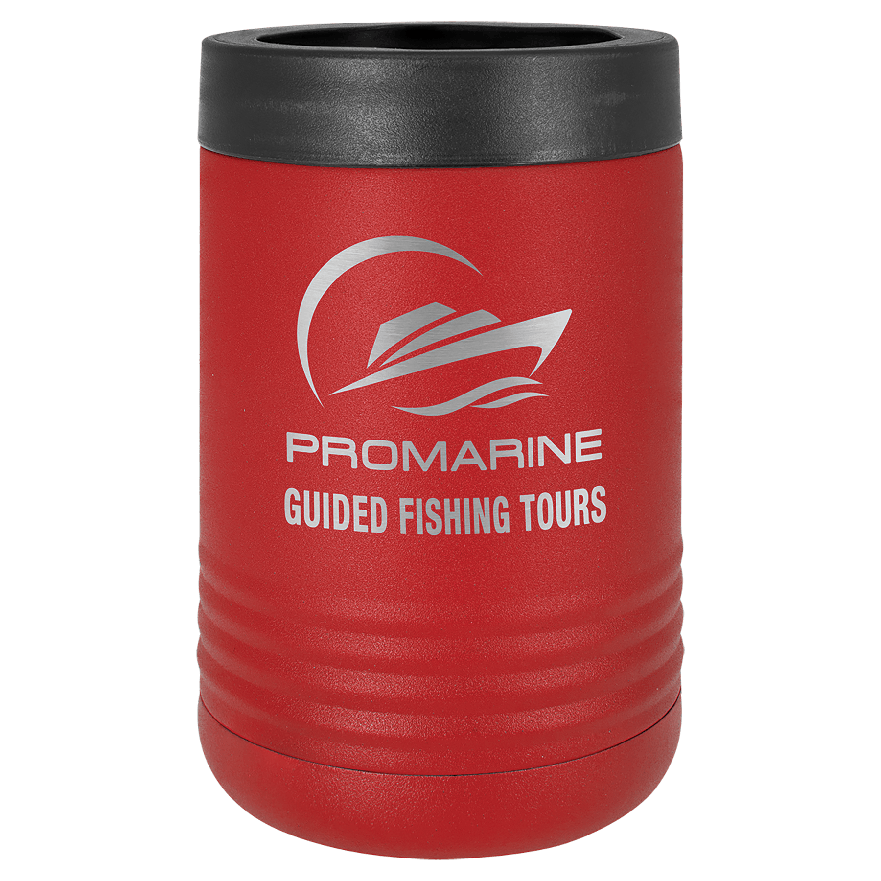 Red Polar Camel stainless steel vacuum insulated beverage holder with black rubber top and "PROMARINE GUIDED FISHING TOURS" boat logo.