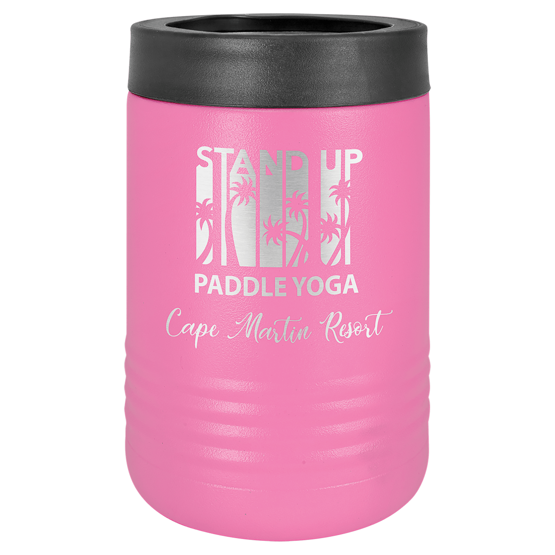 Pink Polar Camel stainless steel vacuum insulated beverage holder with black rubber top and "Stand Up Paddle Yoga Cape Martin Resort" design.