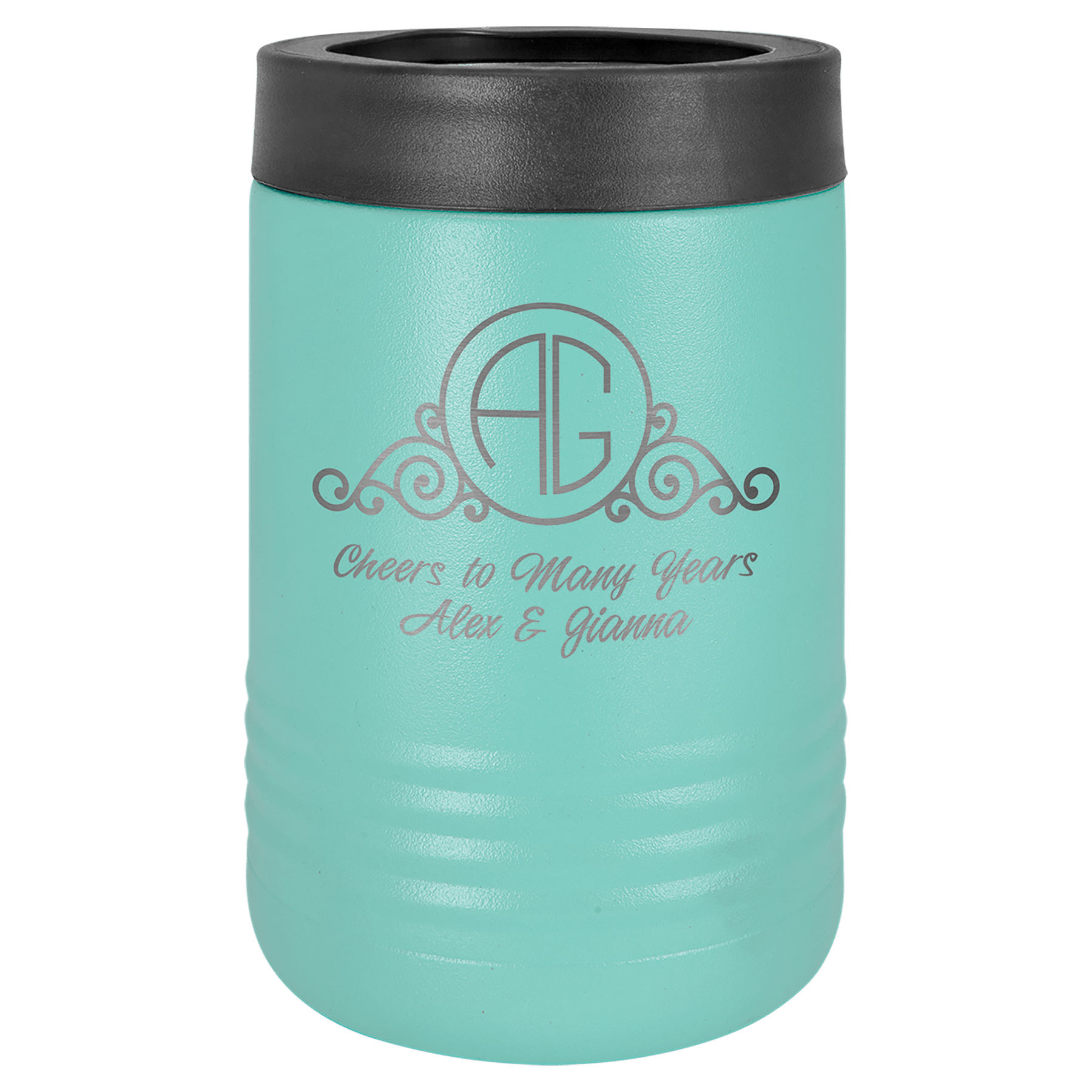 Teal Polar Camel stainless steel beverage holder with black rubber top and "Cheers to Many Years Alex & Gianna" engraving.