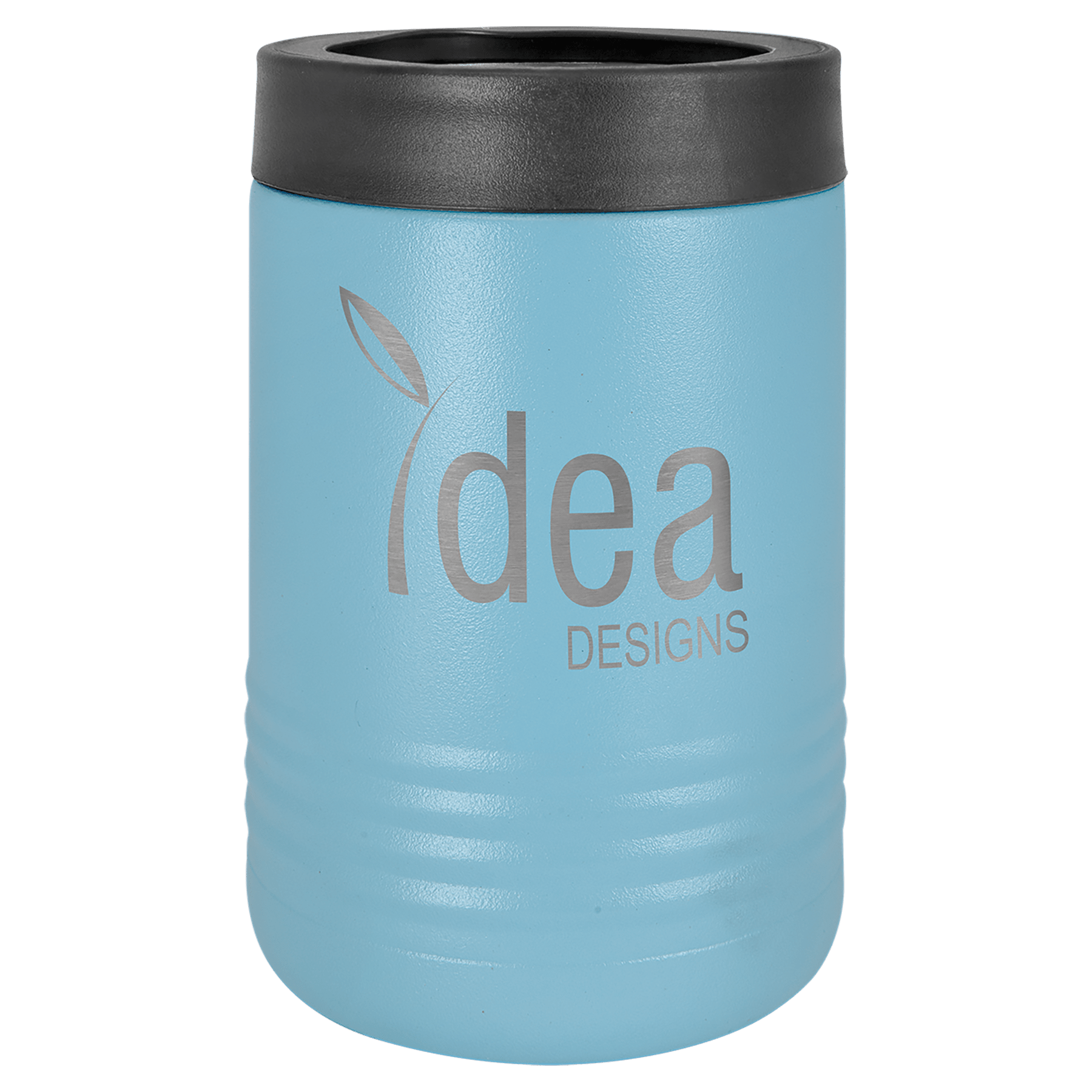 Light blue Polar Camel stainless steel vacuum insulated beverage holder with black rubber top and "idea DESIGNS" logo.