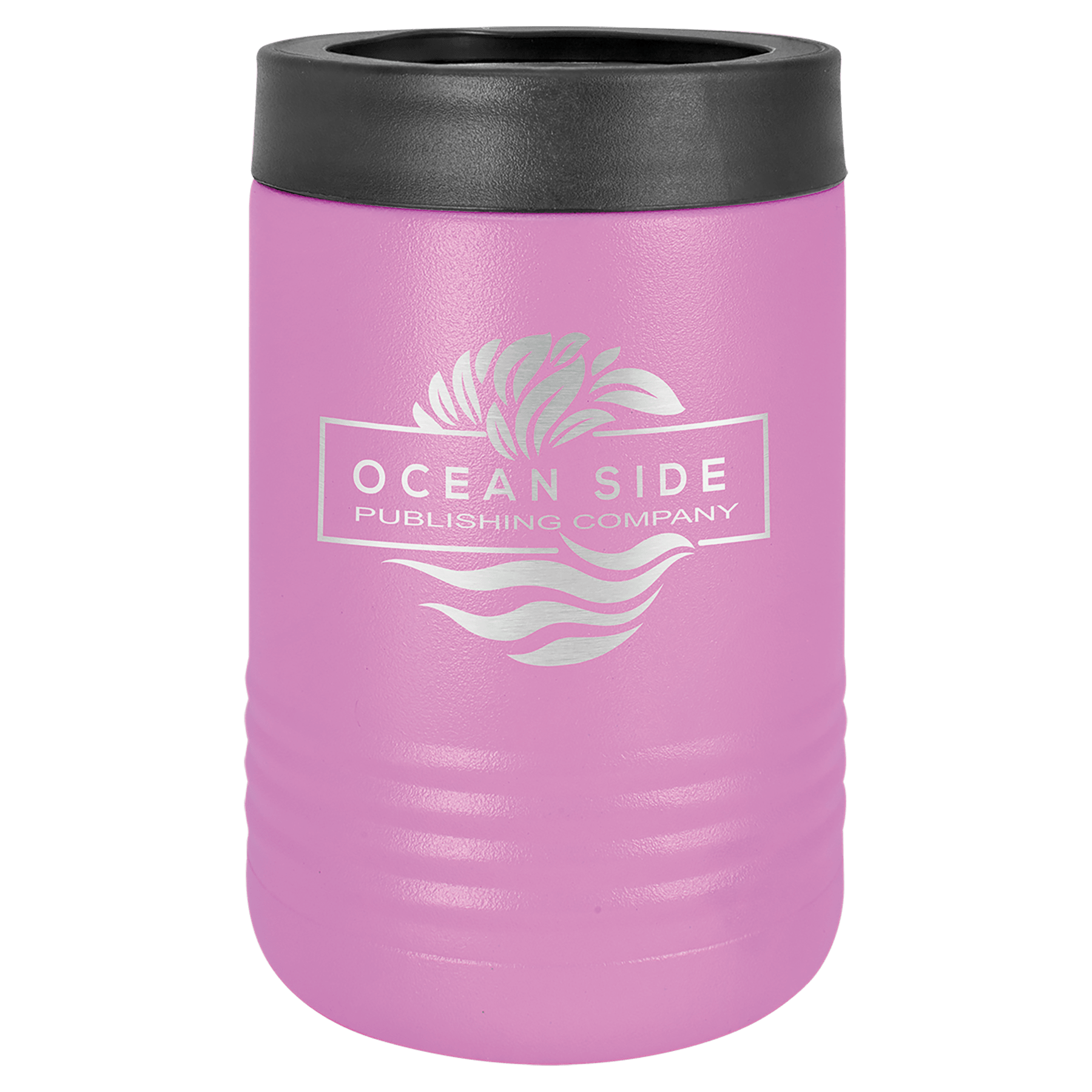 Pink Polar Camel stainless steel vacuum insulated beverage holder with black rubber top and "OCEAN SIDE PUBLISHING COMPANY" logo.
