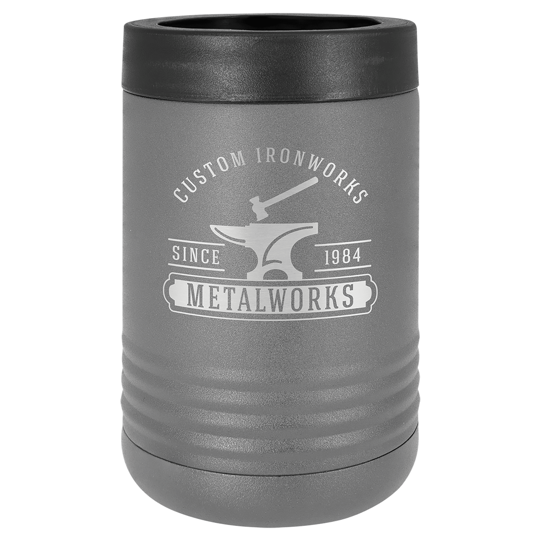 Gray Polar Camel stainless steel beverage holder with a black top and "Custom Ironworks Metalworks" logo.