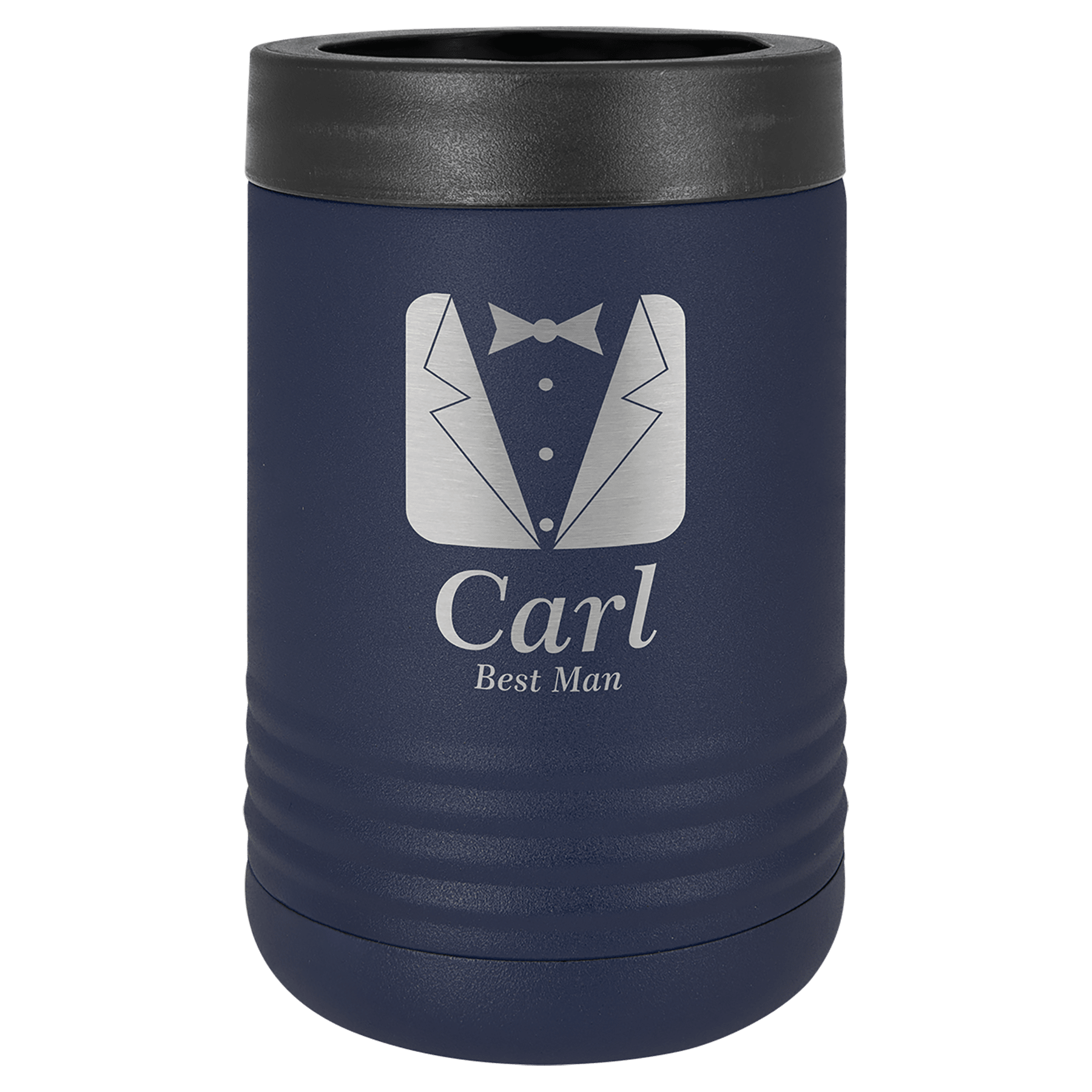 Navy Polar Camel stainless steel beverage holder with "Carl Best Man" and tuxedo design.