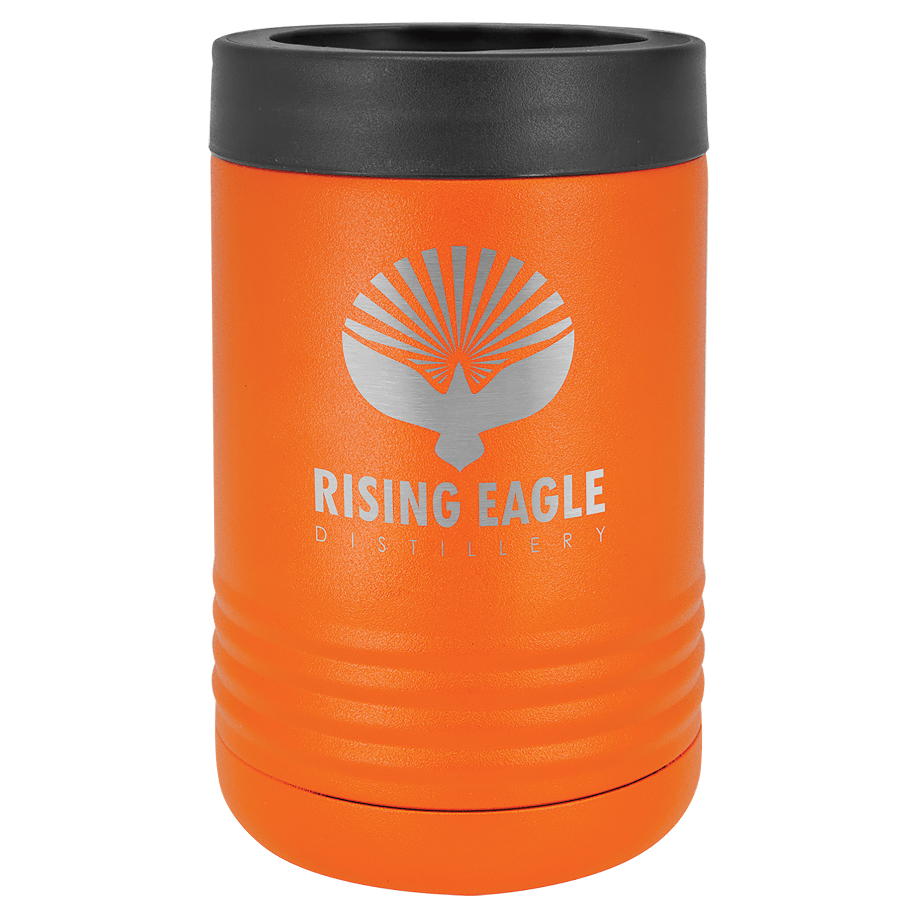 Orange Polar Camel stainless steel vacuum insulated beverage holder with black rubber top and "Rising Eagle Distillery" logo.