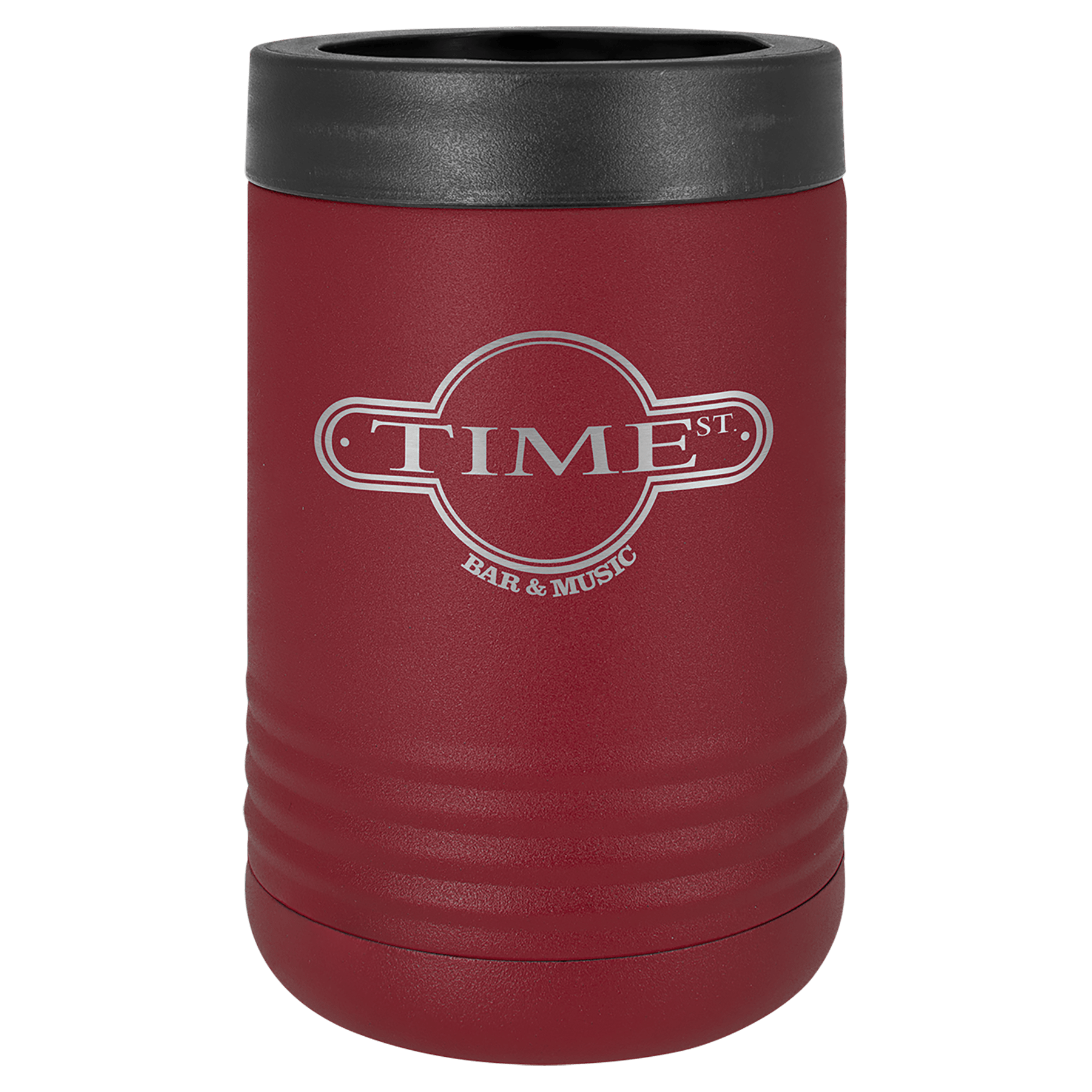 Maroon Polar Camel stainless steel vacuum insulated beverage holder with a silver "TIME ST. BAR & MUSIC" logo.
