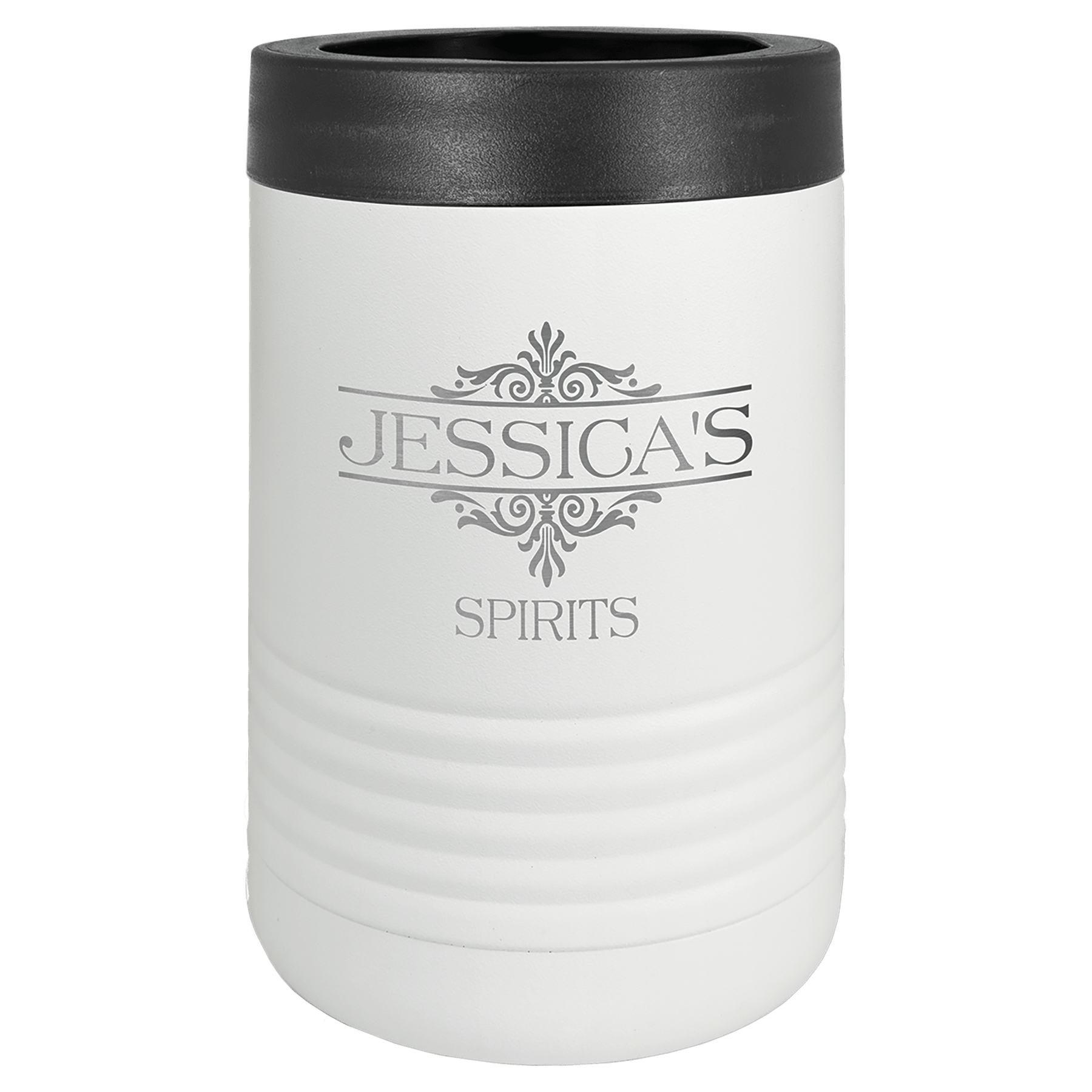 White Polar Camel stainless steel vacuum insulated beverage holder with a black rubber top and "Jessica's Spirits" engraved.