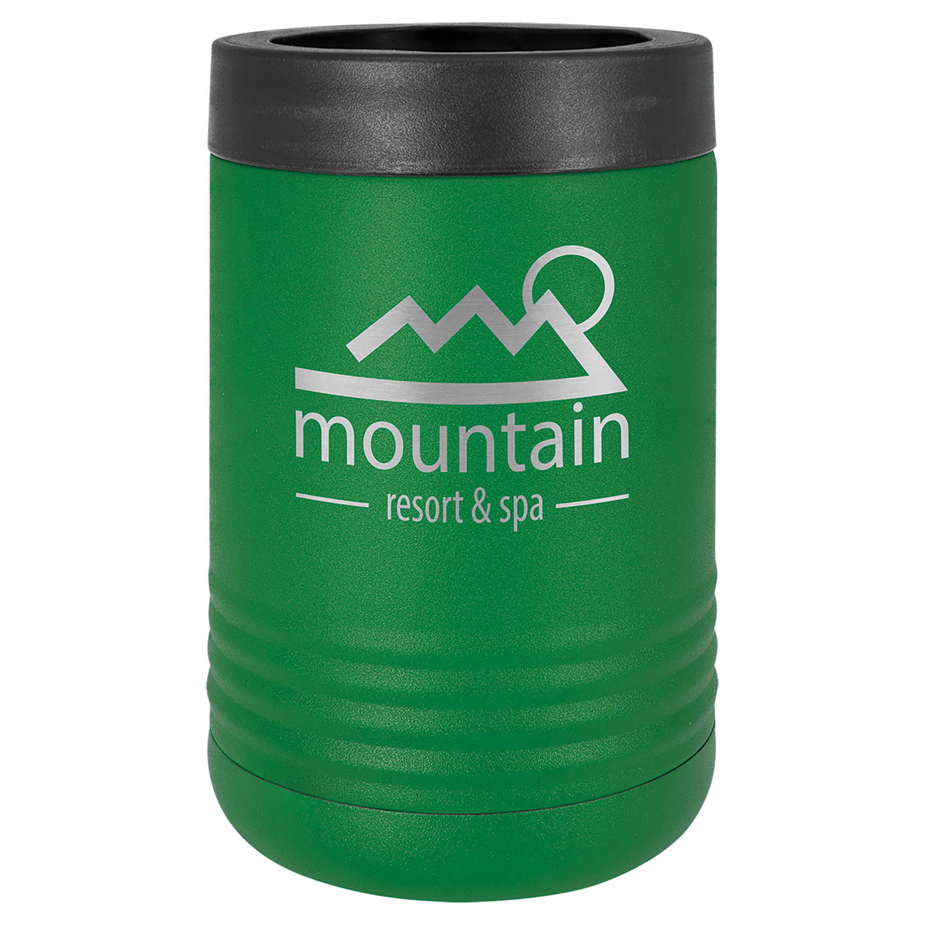 Green Polar Camel stainless steel vacuum insulated beverage holder with black rubber top and "mountain resort & spa" logo.