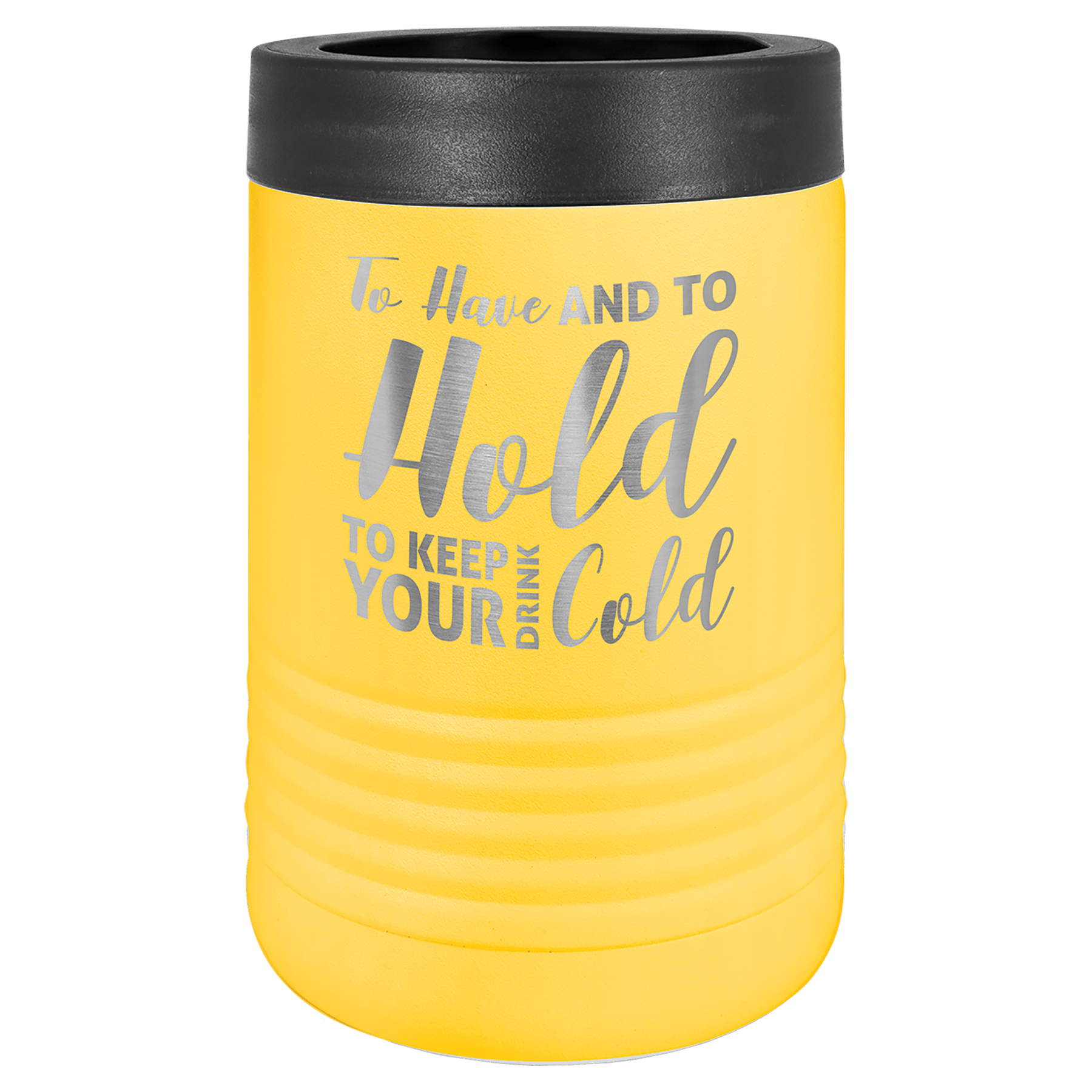 Yellow Polar Camel stainless steel vacuum insulated beverage holder with "To Have and To Hold To Keep Your Drink Cold" engraving.