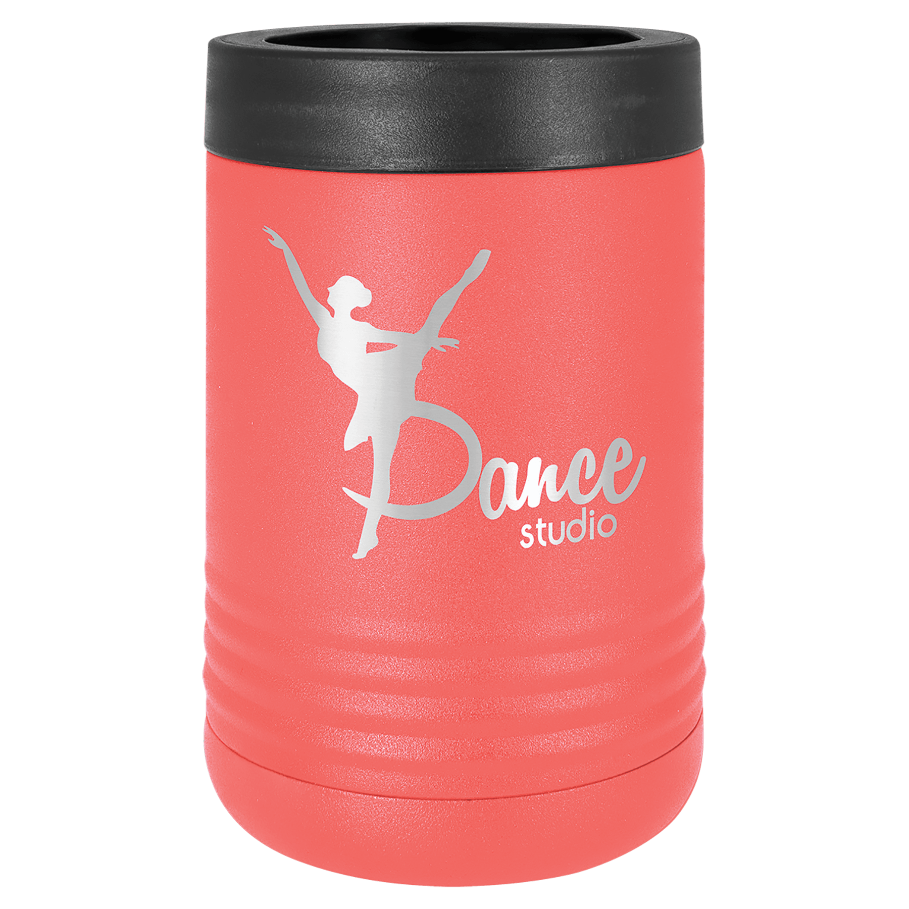 Coral Polar Camel stainless steel beverage holder with black rubber top and "Dance studio" ballerina design.