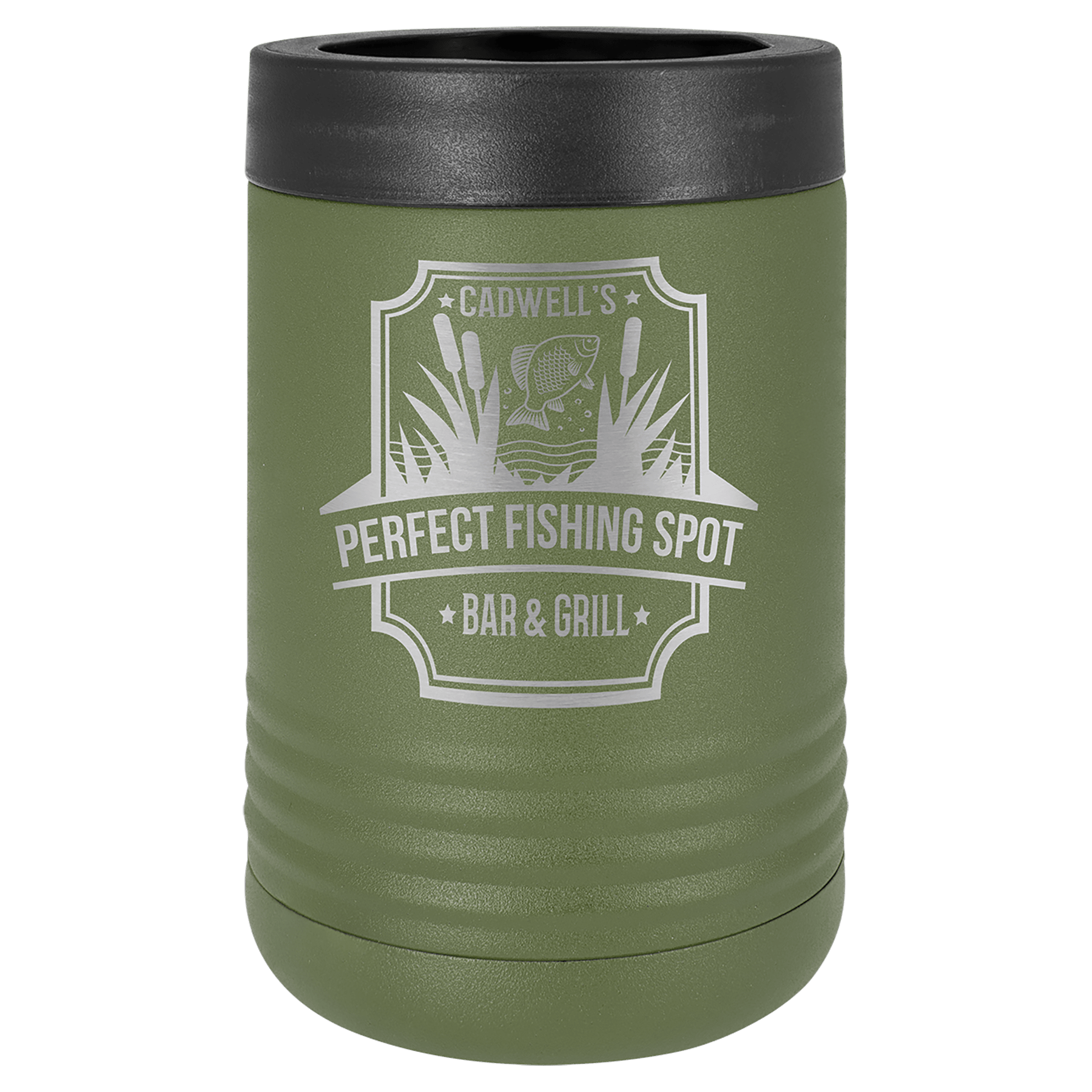 Olive green Polar Camel stainless steel beverage holder with a "Cadwell's Perfect Fishing Spot" laser-engraved logo.