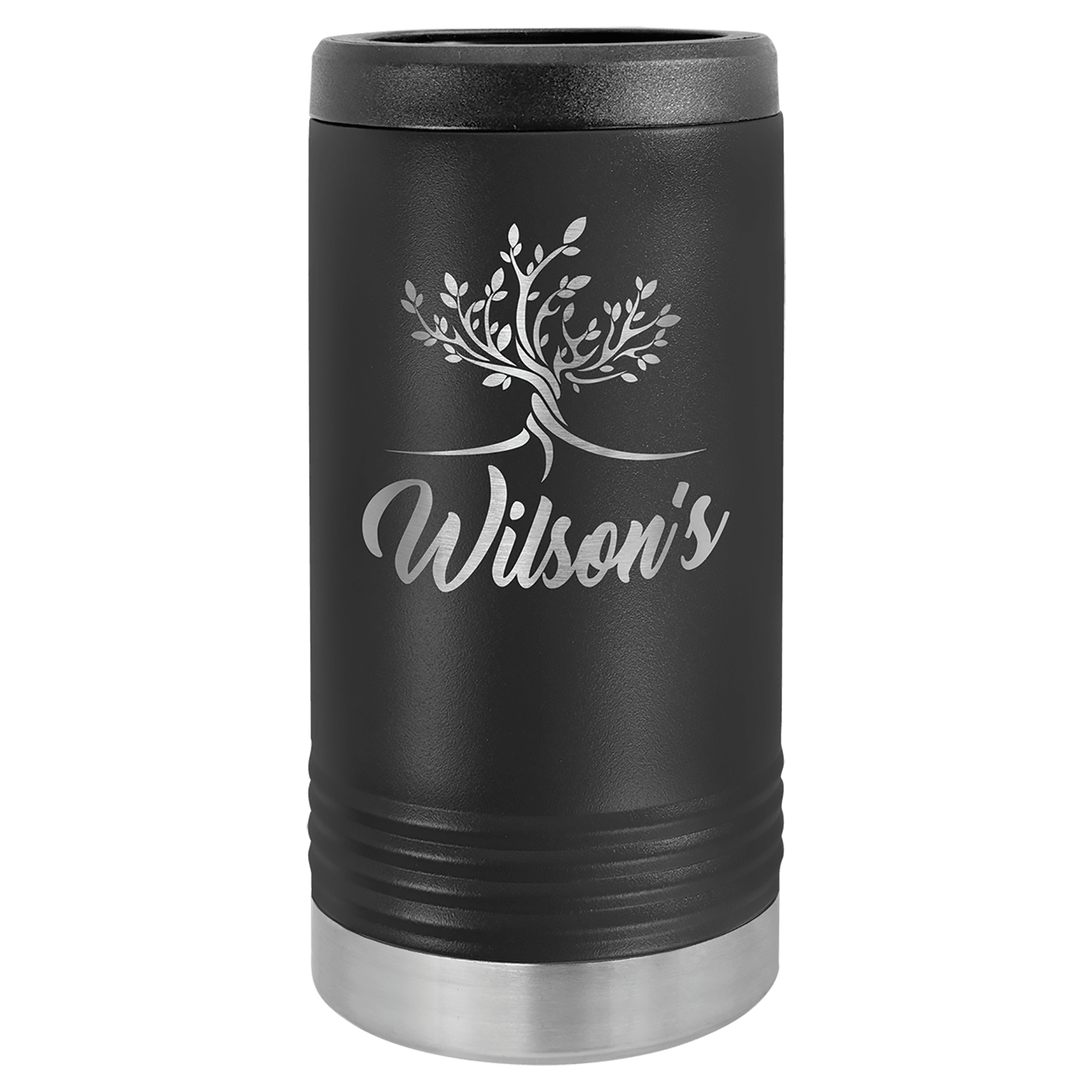 Black Polar Camel slim can beverage holder with "Wilson's" and tree design, stainless steel base.