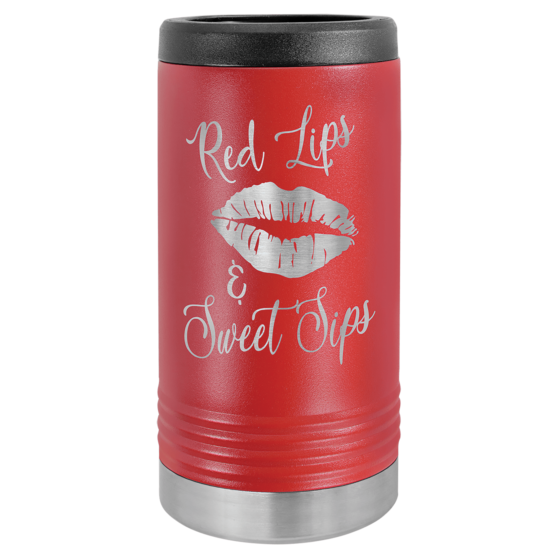 Red Polar Camel slim beverage holder with "Red Lips & Sweet Sips" engraving and stainless steel base.