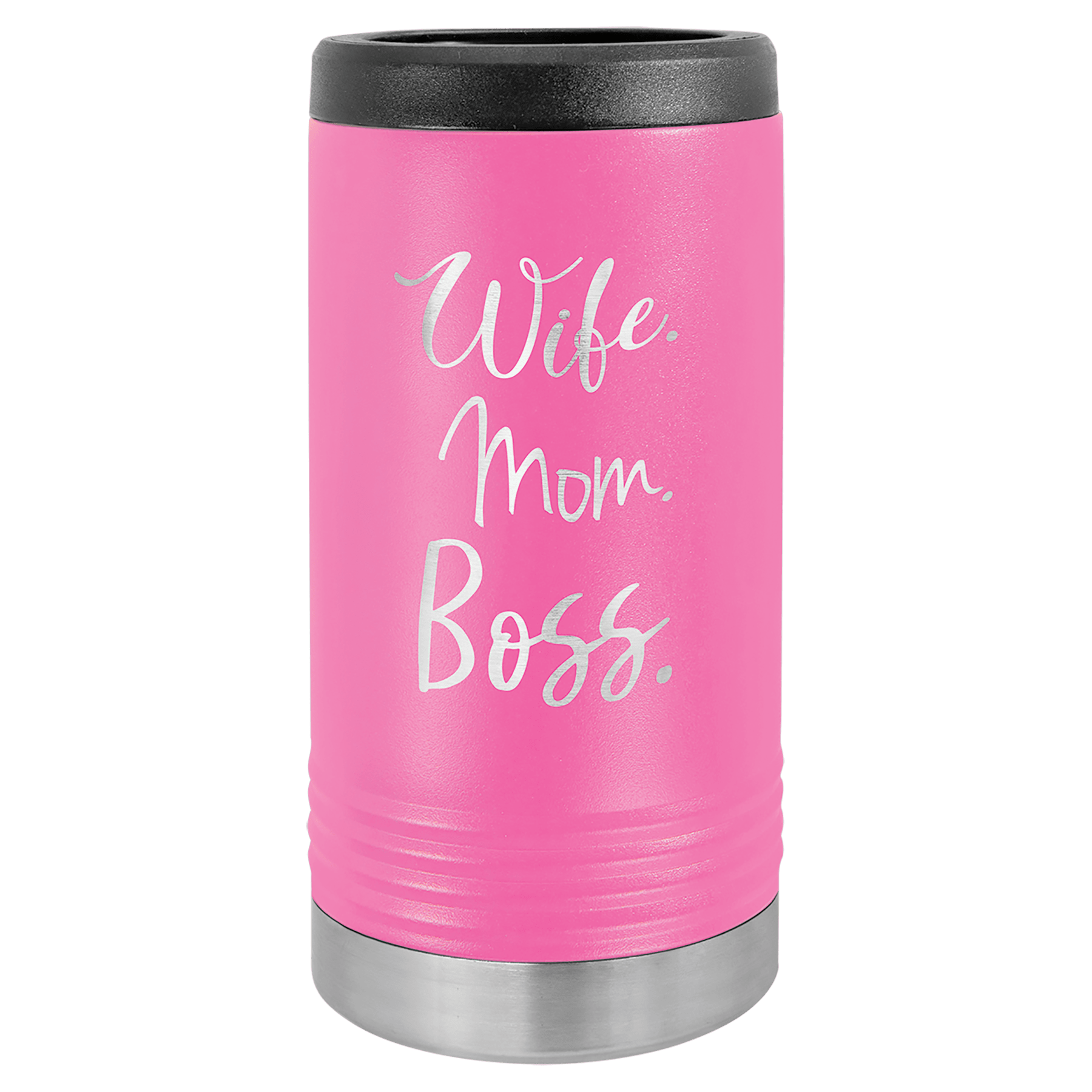 Pink Polar Camel slim can beverage holder with "Wife. Mom. Boss." engraving.