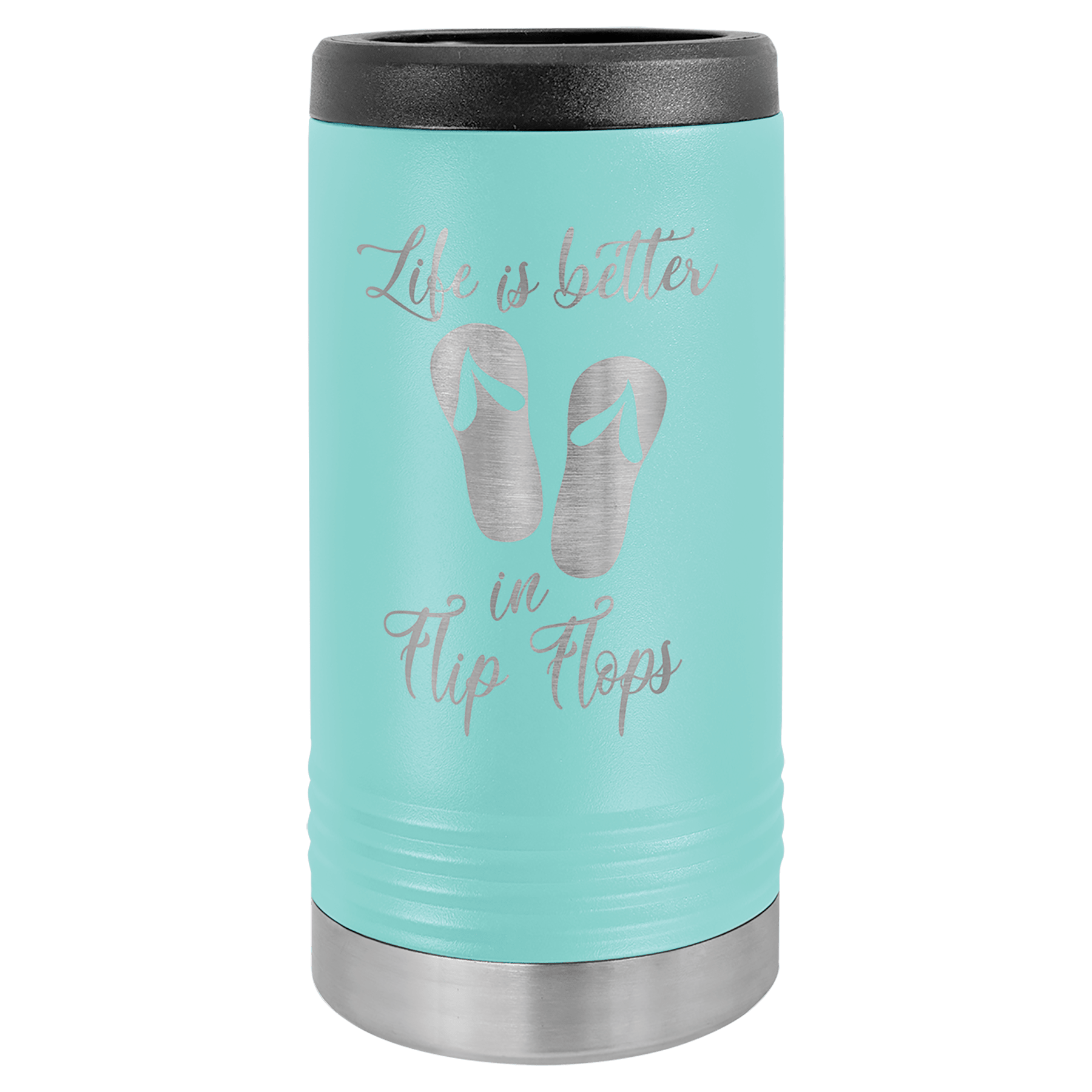 Aqua Polar Camel slim can beverage holder with "Life is better in Flip Flops" engraving.