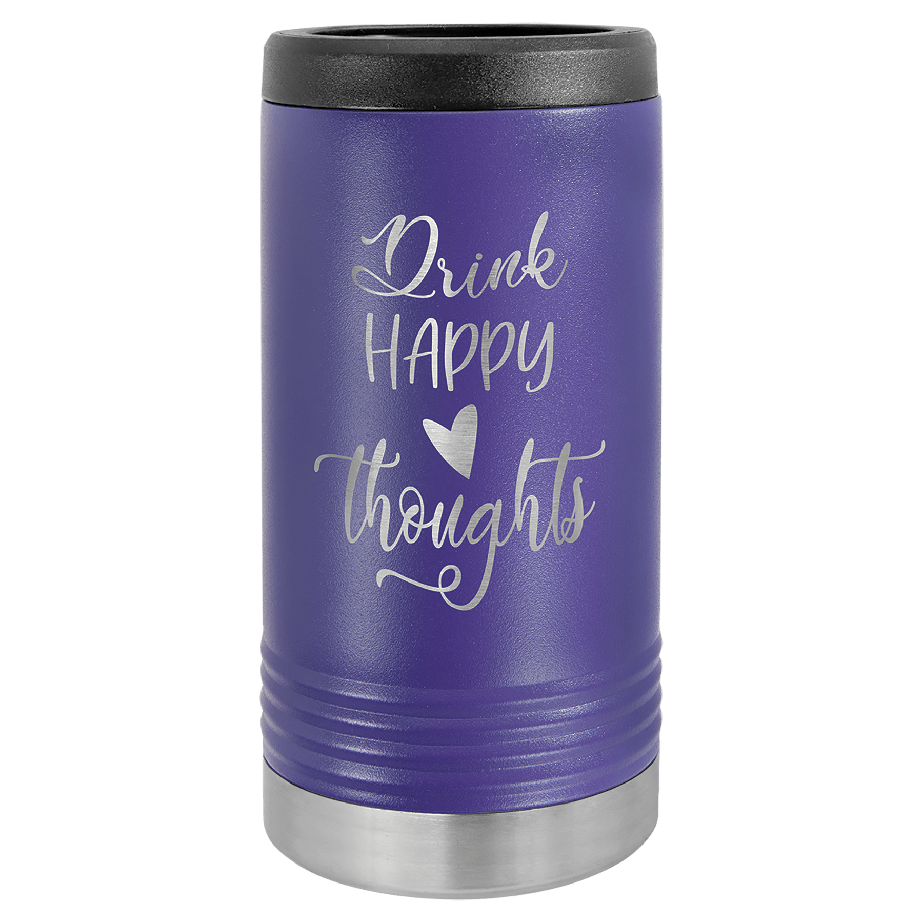 Purple Polar Camel slim can beverage holder with "Drink Happy Thoughts" engraving and silver base.