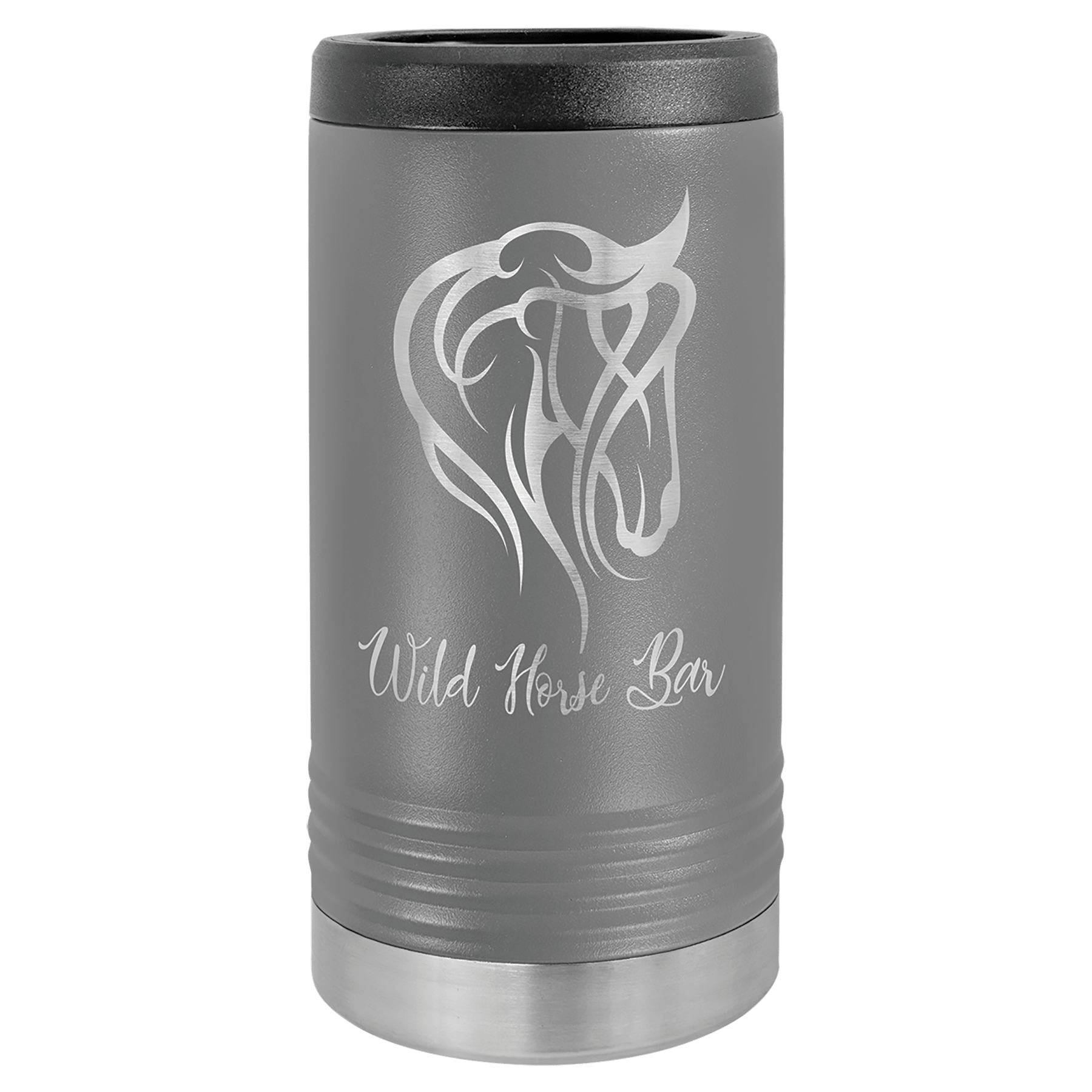 Gray Polar Camel slim can beverage holder with a horse head design and "Wild Horse Bar" text.