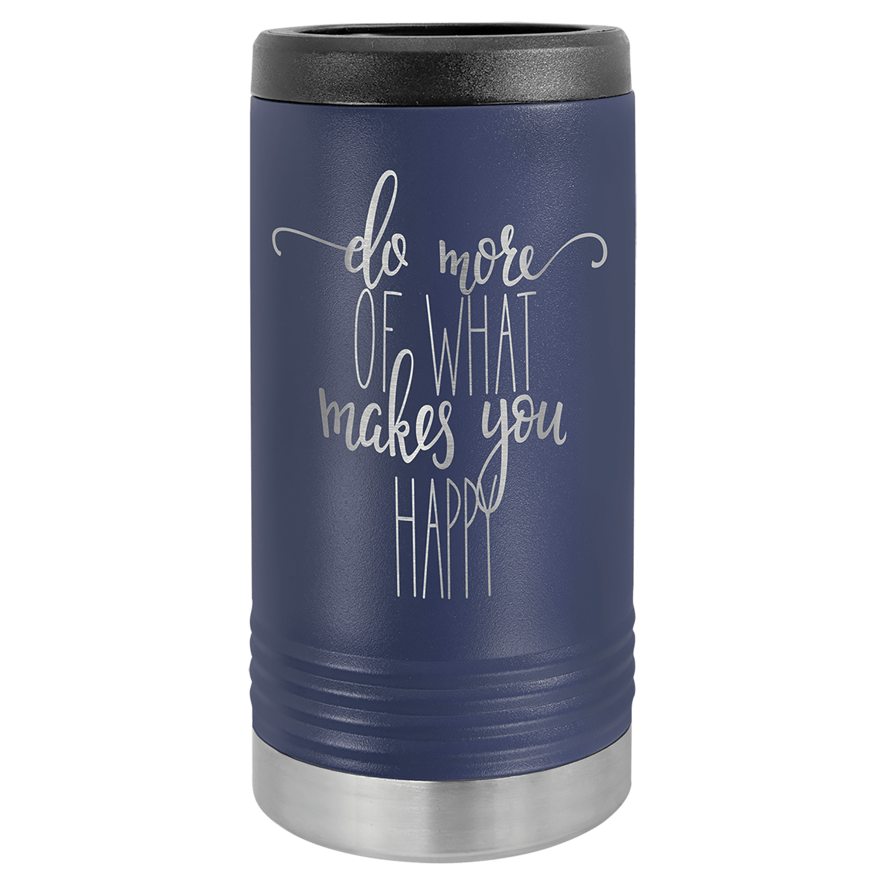 Navy blue Polar Camel slim can beverage holder with "do more of what makes you happy" engraved.