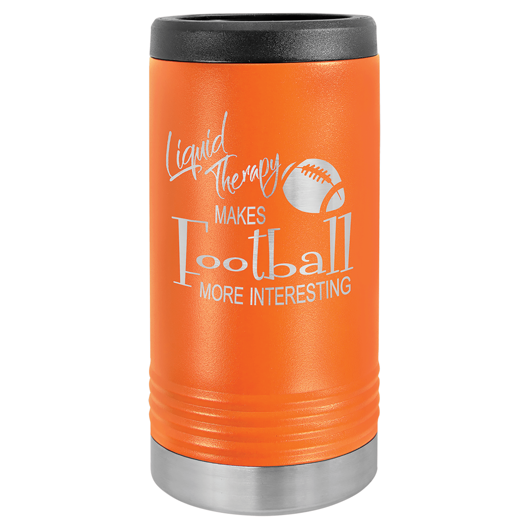 Orange Polar Camel slim can beverage holder with "Liquid Therapy Makes Football More Interesting" engraving.