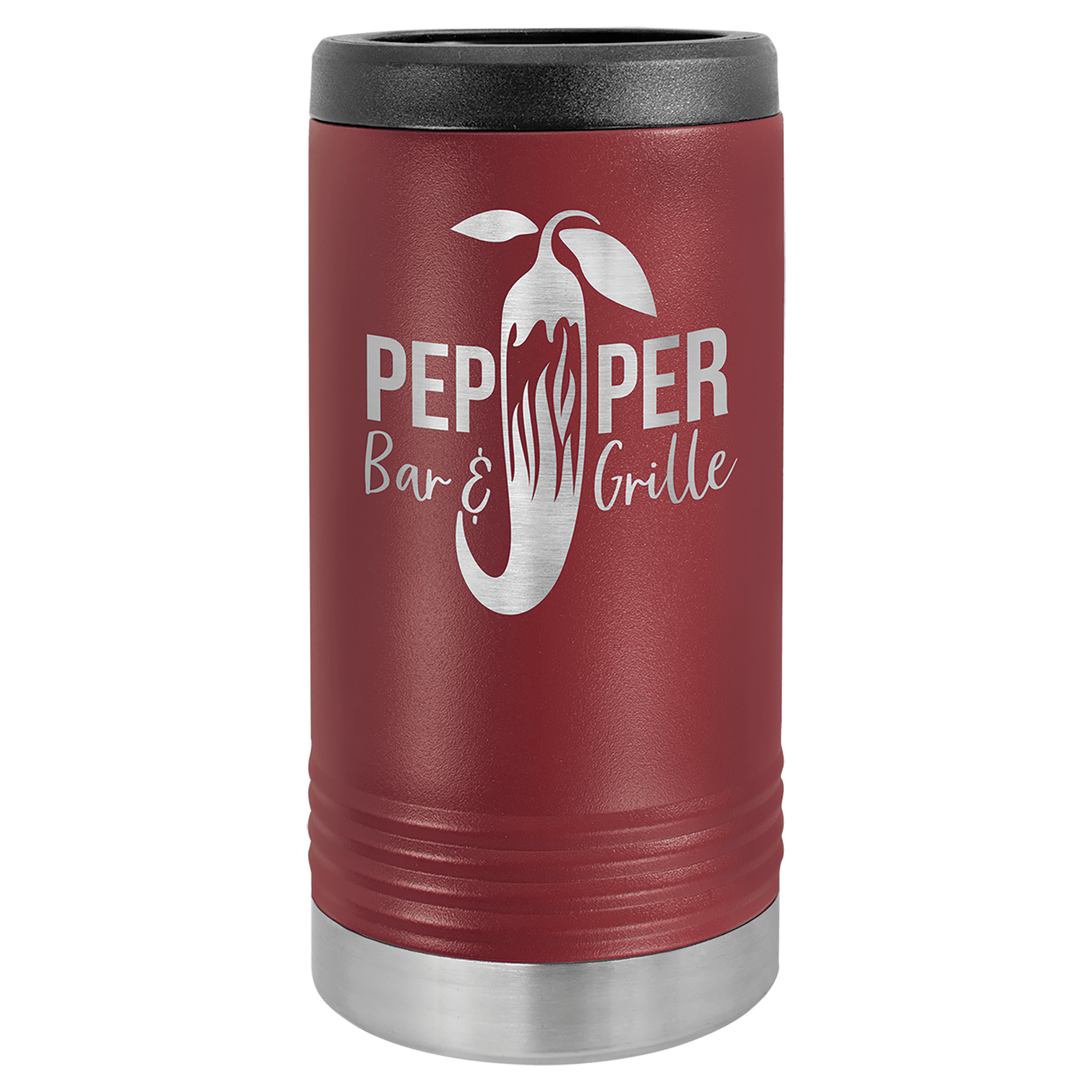 Maroon Polar Camel slim can beverage holder with "PEPPER Bar & Grille" logo and chili pepper graphic.